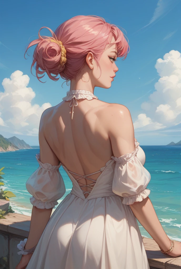 Jovem mulher 23 anos: 1.3, cabelo rosa, Hair striking and elegant appearance, vestido com decote, hair up to ass, vestido marcando o corpo