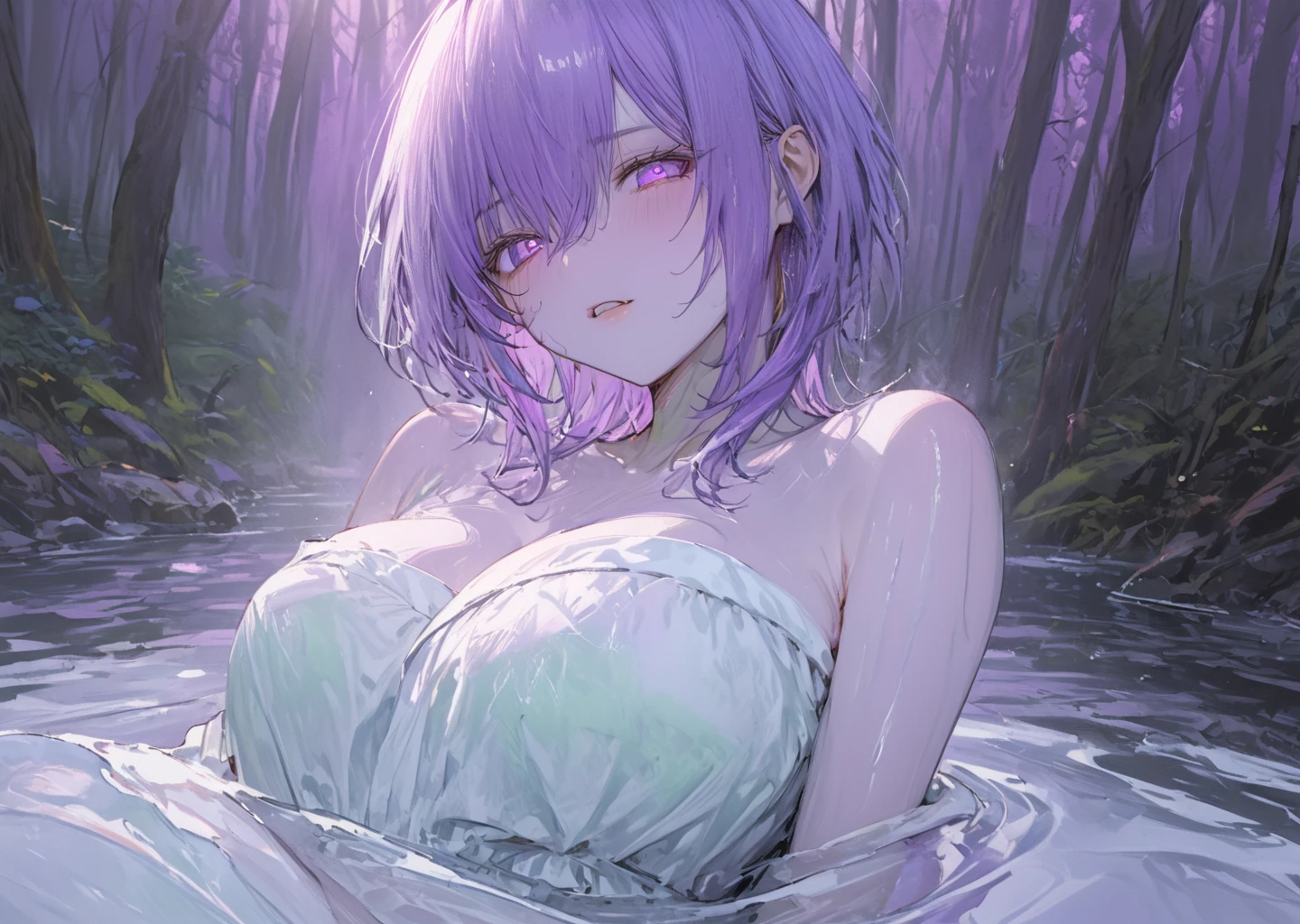 1 person、Mature、Ample breasts、Long Hair、Purple Hair、ponytail、Braid、Emerald green eyes、Long Hair、naked、Embarrassing、Nipples、Areola、Blushing、Sweat、night、night空、Bathing、In the lake、Water droplets flutter、waterfall、in the forest、Illuminated by the moonlight、gem、choker、Earrings、whole body、むき出しのNipples、Nothing to wear、Look to the side、Show off your breasts、Scooping water、High resolution、Highest quality