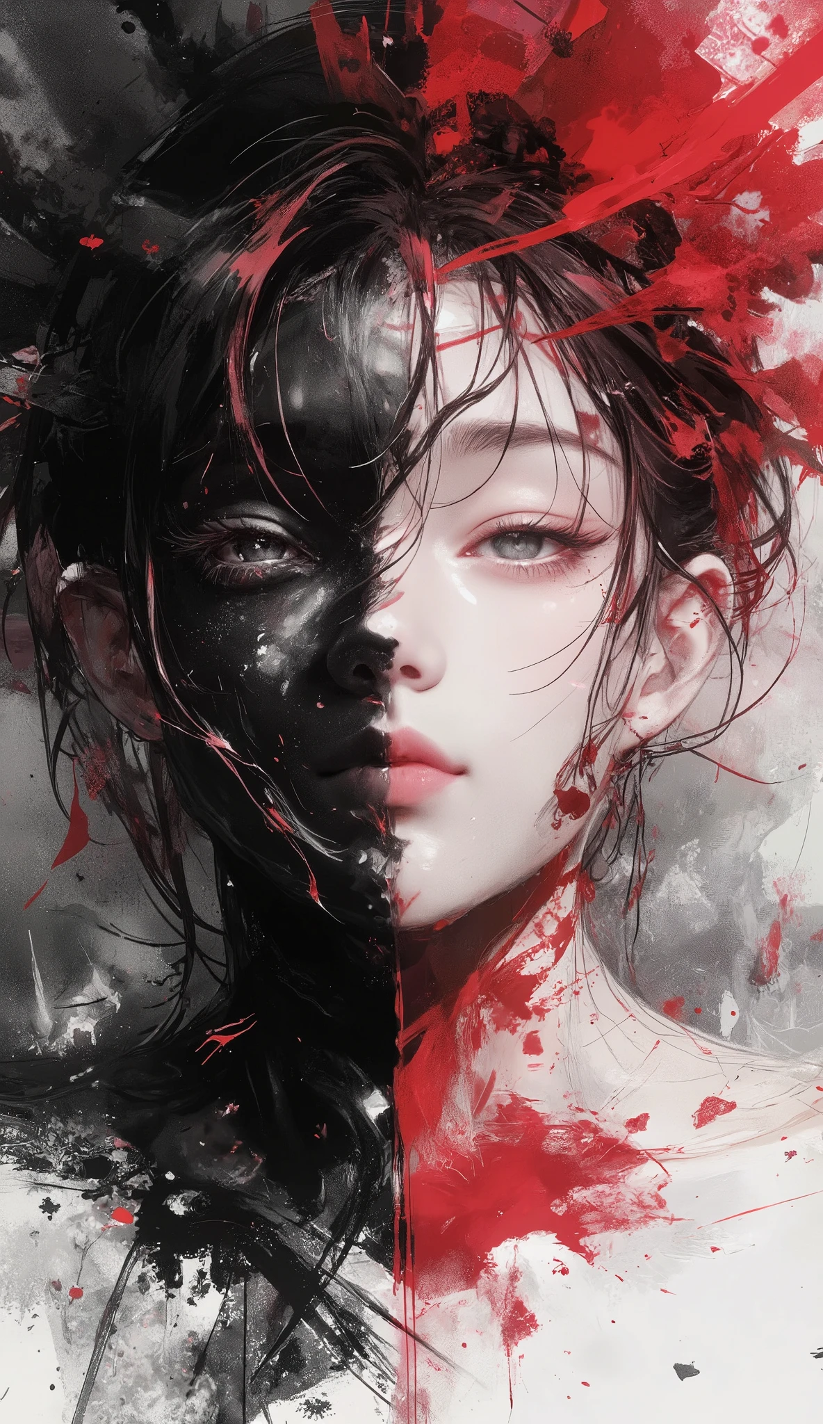masterpiece, best quality,ultra resolution, perfect anatomy, one woman, detailed face、stylish、An unwavering belief、 sacred symbol 、Revelation from God、The perfect combination of white and black and red、contrast、Dramatic、dynamic、absurd、metaphysics 