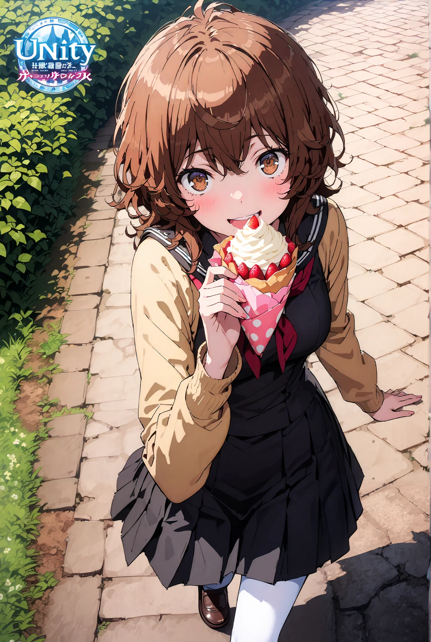 Liliru Card, Lilylka Alde, brown eyes, black cock, smile,cover,opens her mouth,short hair,Black sailor suit,red 弓tie, yellow cardigan , black mini pleated skirt ,white pantyhose as if it were in the illustration,loafers,Holding a crepe with one hand,is walking,Beautiful Scenery,noon,full bodyかイラストに入るように,break outdoors, residential area,
break looking at viewer,full body,
break (masterpiece:1.2),best quality , kampala, Unity 8K Wallpaper ,(shape:0.8),( fine, beautiful eyes :1.6),It's a person ,full body写真,CG Details , (perfect hands,complete anatomy),