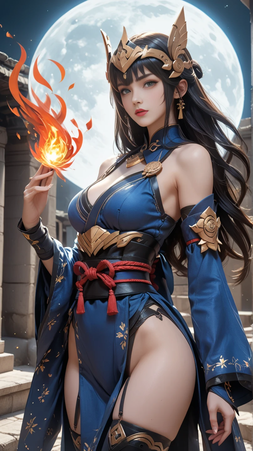 Girl, Holding a sword decorated with Japanese symbols, twin sword,Blue flames coming out of the decoration, A dragon came out of it、A blue wind blows with a skull ghost, Perfect Judy with a face and scythe,The woman is wearing a proper red outfit made of sickle steel., The woman's hair is black, The girl is the incarnation of a demon., Dragon on background,(The background of the CG 8k module is very detailed) (Highest quality), (Best illustrations), (Best shade), Highly detailed t-v6 mix 4, (8k, RAW Photos, Highest quality, masterpiece: 1.45), (Realistic, photoRealistic: 1.37), One Girl, cute, Professional Lighting, Photon Mapping,Small face,(cute顔:1.2)