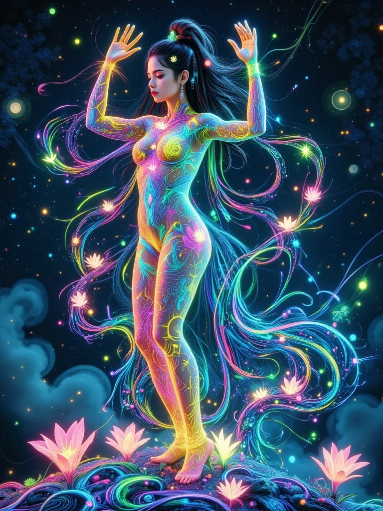 Black light art ，with black background，Carl Bacchus' style, Full body portrait of woman