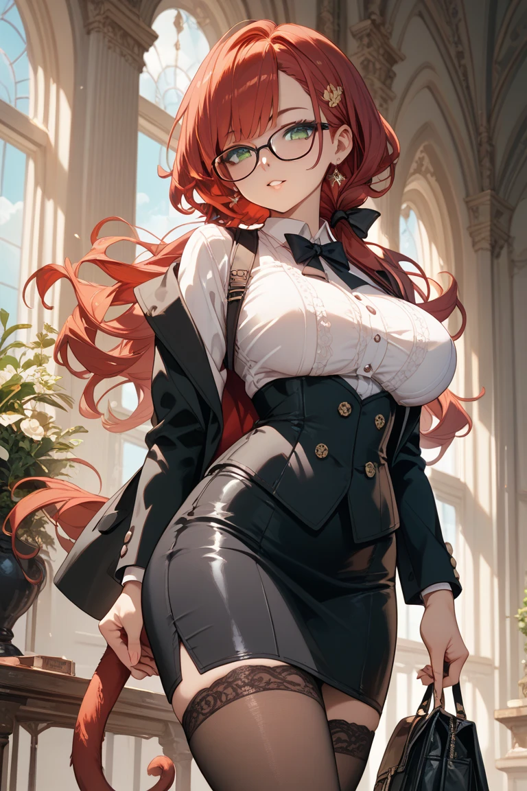 1girl, red hair, red eyes, pale skin, black leggings, boots, smile, curly hair, white shirt, wide hips, medium breasts, cleavage, hands on hips, library