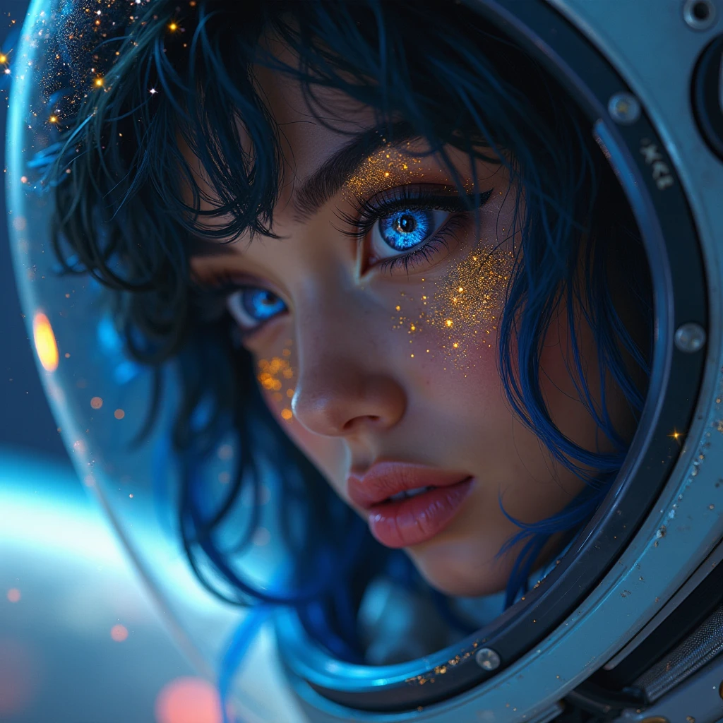 Clothes: Space themed, an outfit full of sparkling stars. attractive, covered in a galaxy-inspired pattern.
Title: An astronaut helmet with star symbols. A glowing cosmic blue light may be leaking from inside the helmet.
Or: Elements representing energy pellets or small star explosions.
Face: A bright cosmic blue eye color, maybe a sparkling eye effect.
background: Stars, a background design like planets and cosmic clouds.