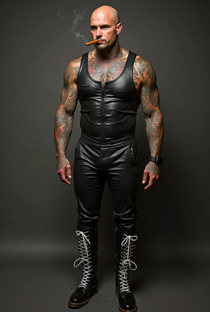 Fullbody standing picture of white skin Handsome muscular nude horny sexy gay man wearing skinny tight shiny latex suit, shiny black Disconnected Pompadour oiled hair style, blue eyes, shiny varnished vinyl brown shoes, brown belt, red lip, chain, tattoos, horny, cum shot, sperm, milking penis, very big penis, very big testicle, shiny oiled skin, orgasm, oversexed, masturbation, standing at white lighting show room.