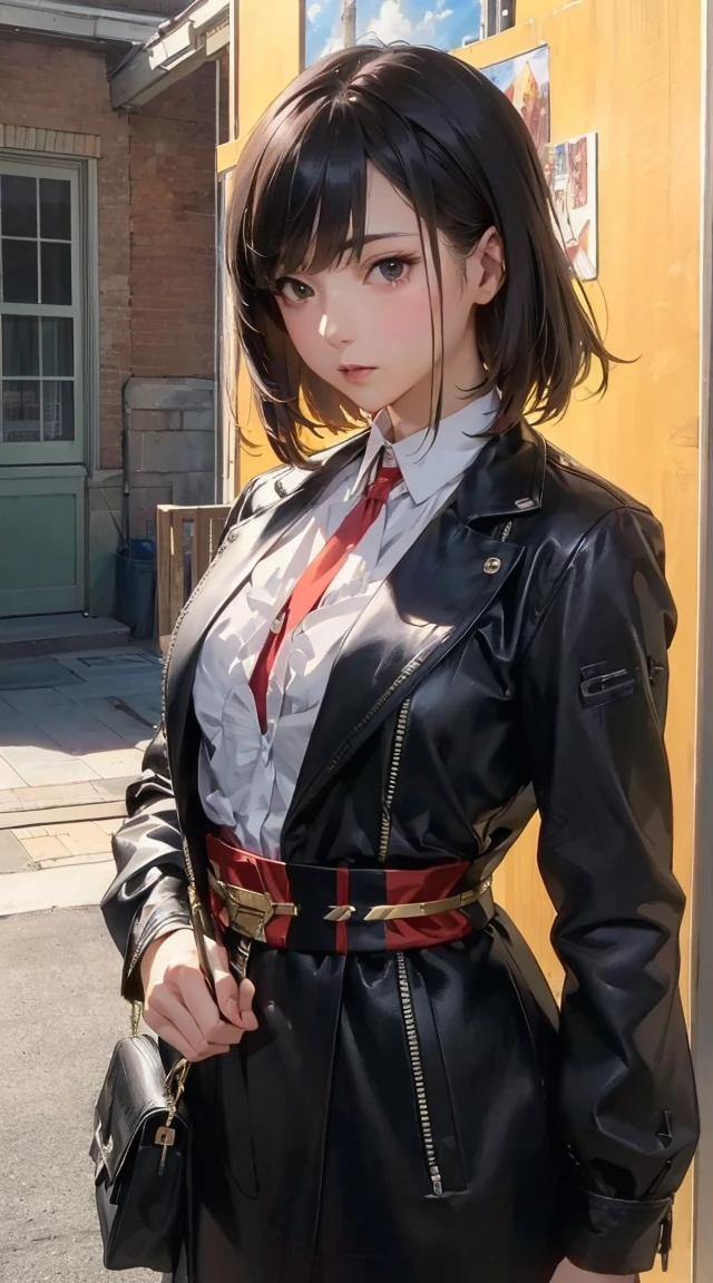 Wide angle, a pretty girl messenger, wearing large glasses, undercut hair, wearing postal uniform, in a post-apocalyptic world