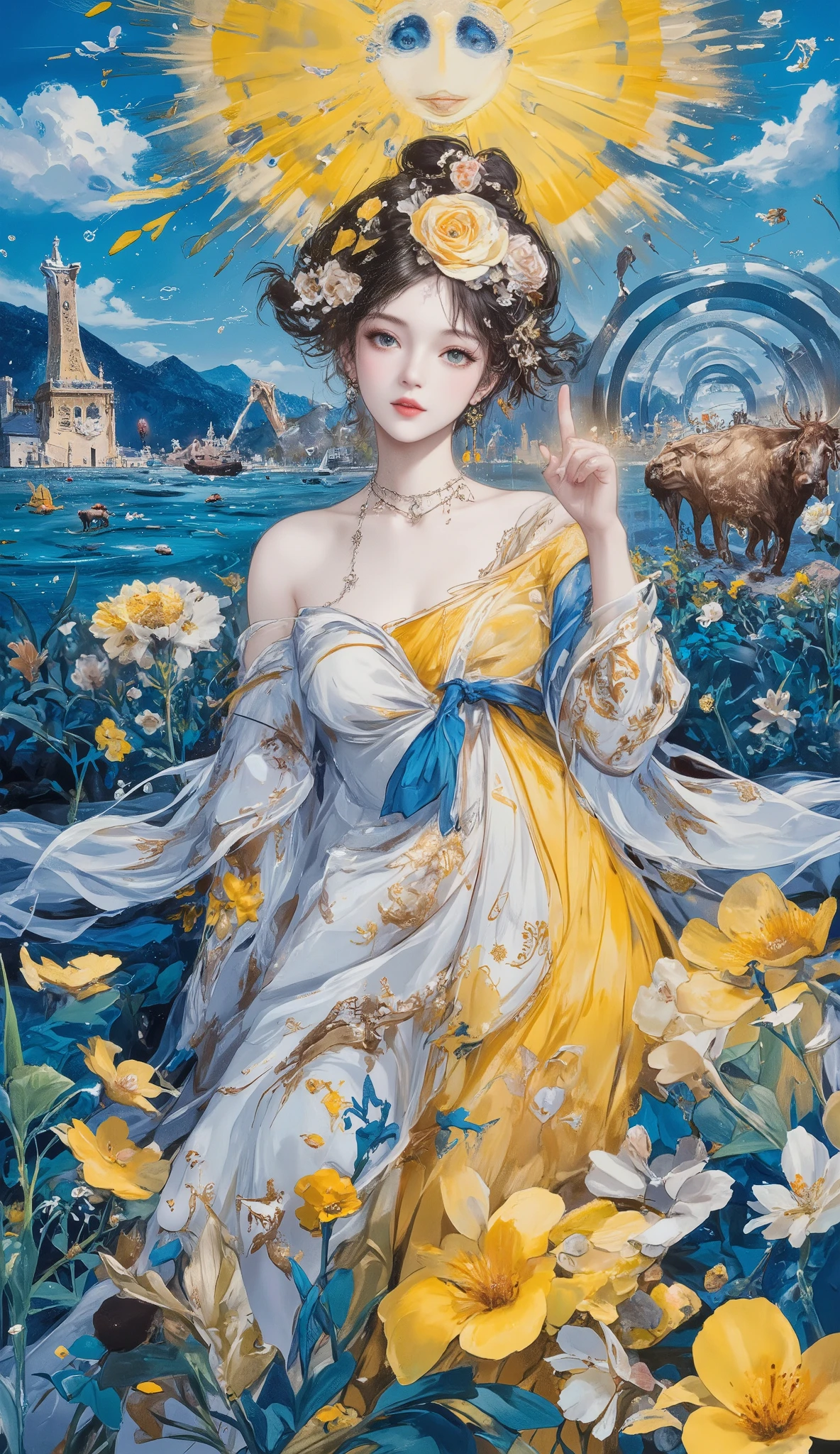masterpiece, best quality,ultra resolution, perfect anatomy, one woman, detailed face、Perfect harmony of blue and yellow in part、ox、style of Marc Chagall、Dramatic、dynamic、absurd、metaphysics 