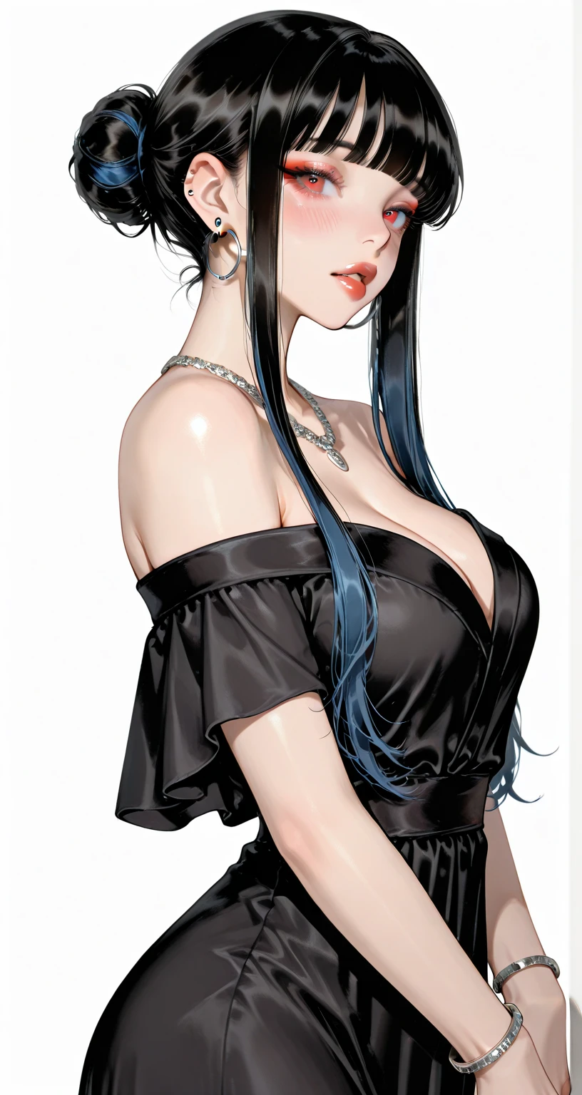 (masterpiece),((Highly detailed long black hair)),((expressive blue eyes)),(Highly deep v-neck blue dress),deep cleavage,(happy expression),extremely beautiful mature woman, milf,silver jewelry,best quality,cel shading,8K HD,highly detaild face, highly detaild eyes,flat color,digital color,(close angle),contrapposto,white background