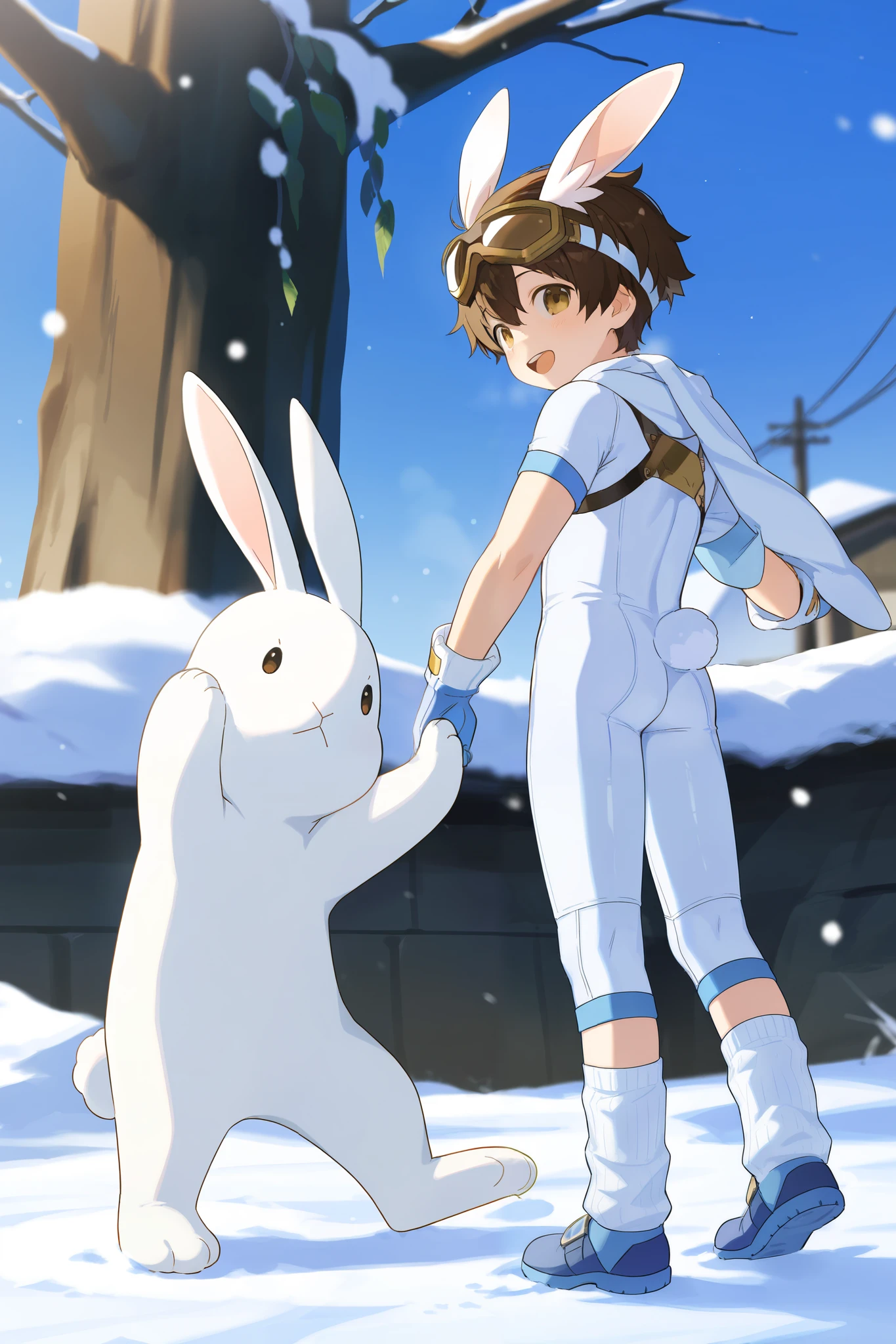 a boy, short hair,Boy in a blue and white bodysuit,Standing,cute,A with brown hair in white cotton socks,Goggles,looped rabbit ears, masterpiece, best quality ,male focus, Shota,enjoy,winter,Short sleeve,happy