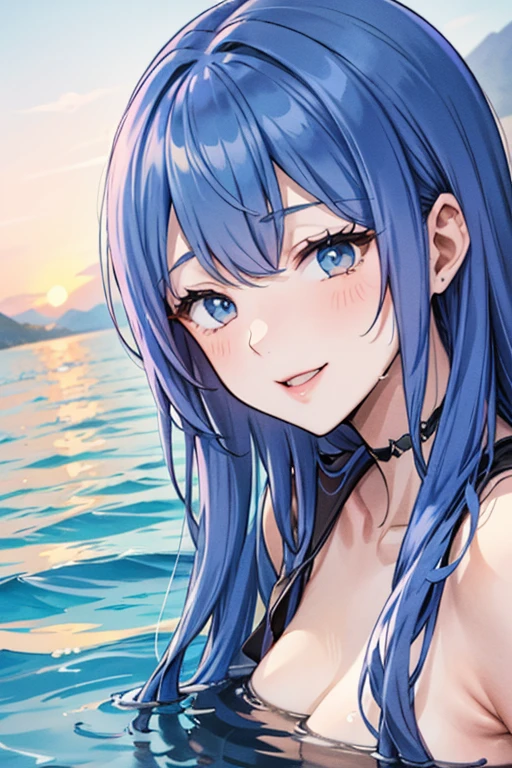 best quality,ultra high res,1girl,solo,5 fingers, detailed hand,upper body,tall female,tall girl,blue hair,pink eyes,bikini,sea,beach,shore,building,city,