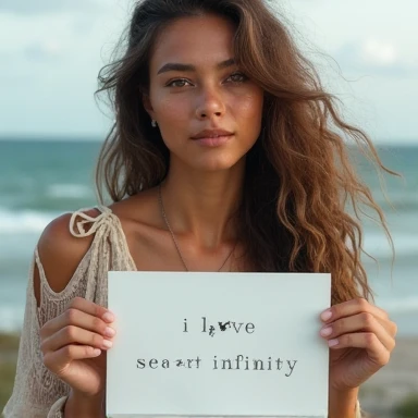 Beautiful girl with wavy long hair, bohemian dress, holding a white board with text "I Love Seaart Infinity" and showing it to the viewer