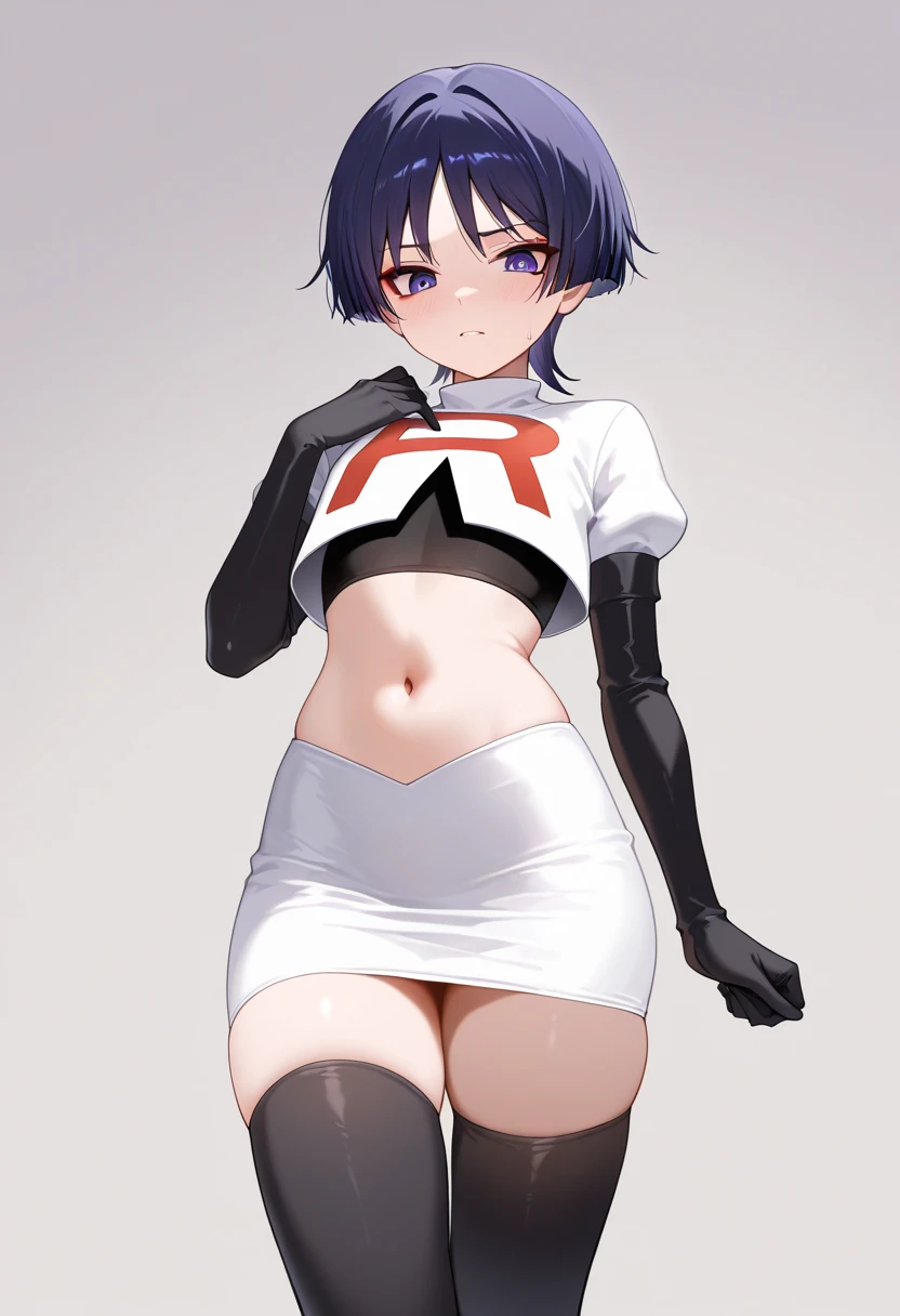 Himeno , team rocket,team rocket uniform,white skirt,red letter R,crop top,black thigh-highs,black elbow gloves
