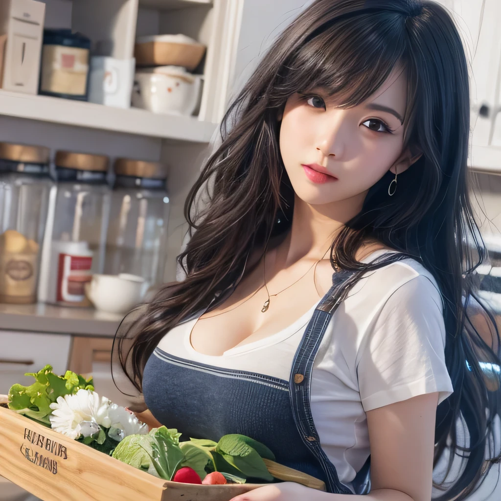 long black hair、 Extremely detailed 8K, Beautiful girl with slim body, (Ultra HD, Super detailed, Very detailed, Very realistic, Ultra-realistic, Photo Real), (One girl:1.5),Cleavage、White T-shirt、 Blue checked apron、White Skirt、