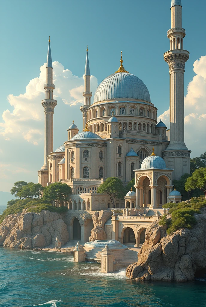 Big and gigantic castles , the biggest castle in the land. Bright colors, summer cube, Turkish heritage, on top of a small hill, the castle being so gigantic take the whole place of the hill making it a magnificent view, next to the sea, ethereal view, yet very secure castle, Turkish vibes, Tall towering towers, medieval