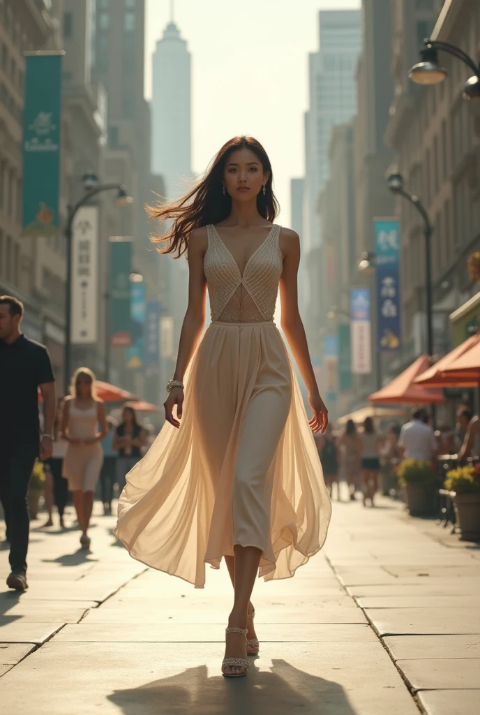 Student apartments,and the sun was shining brightly,one-girl,Carrying a bag,Wearing a white slip dress,With thick woven visor,With a smile。