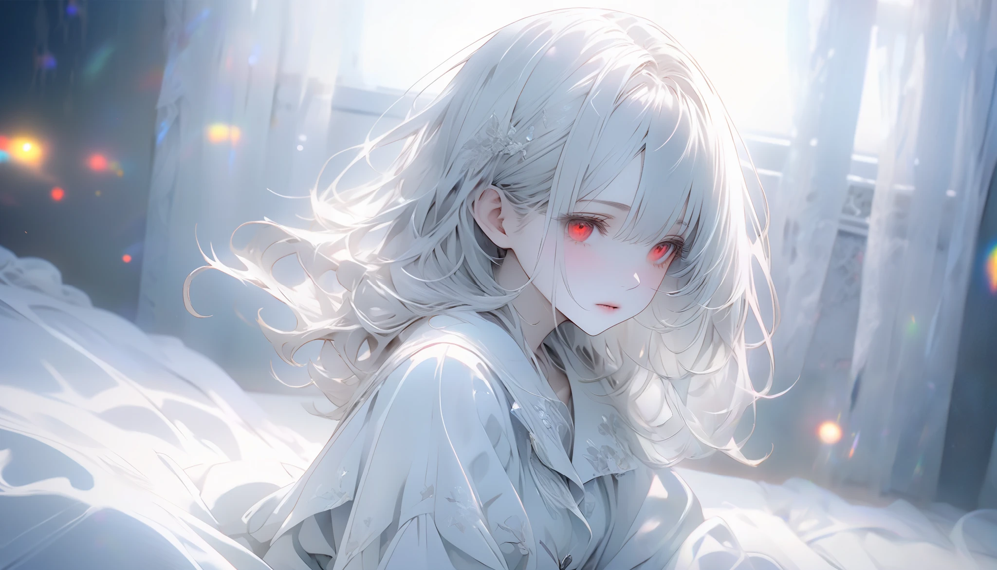 Semi-transparent girl sitting on a bed, ghost-like vibe, faint glowing effect, surreal atmosphere, The scene conveys a sense of inner conflict and introspection, highlighting doubt and anxiety. Highly detailedElegant and detailed, adding dramatic and symbolic elements to the scene, deep borders, bokeh, smooth textures, ultra detailed, high resolution, ultra detailed, (best quality, 16K, high resolution, masterpiece), subtle colors, vibrant colors, professional lighting, beautiful details with little projection, long silver hair, silver hair, white skin, red eyes,