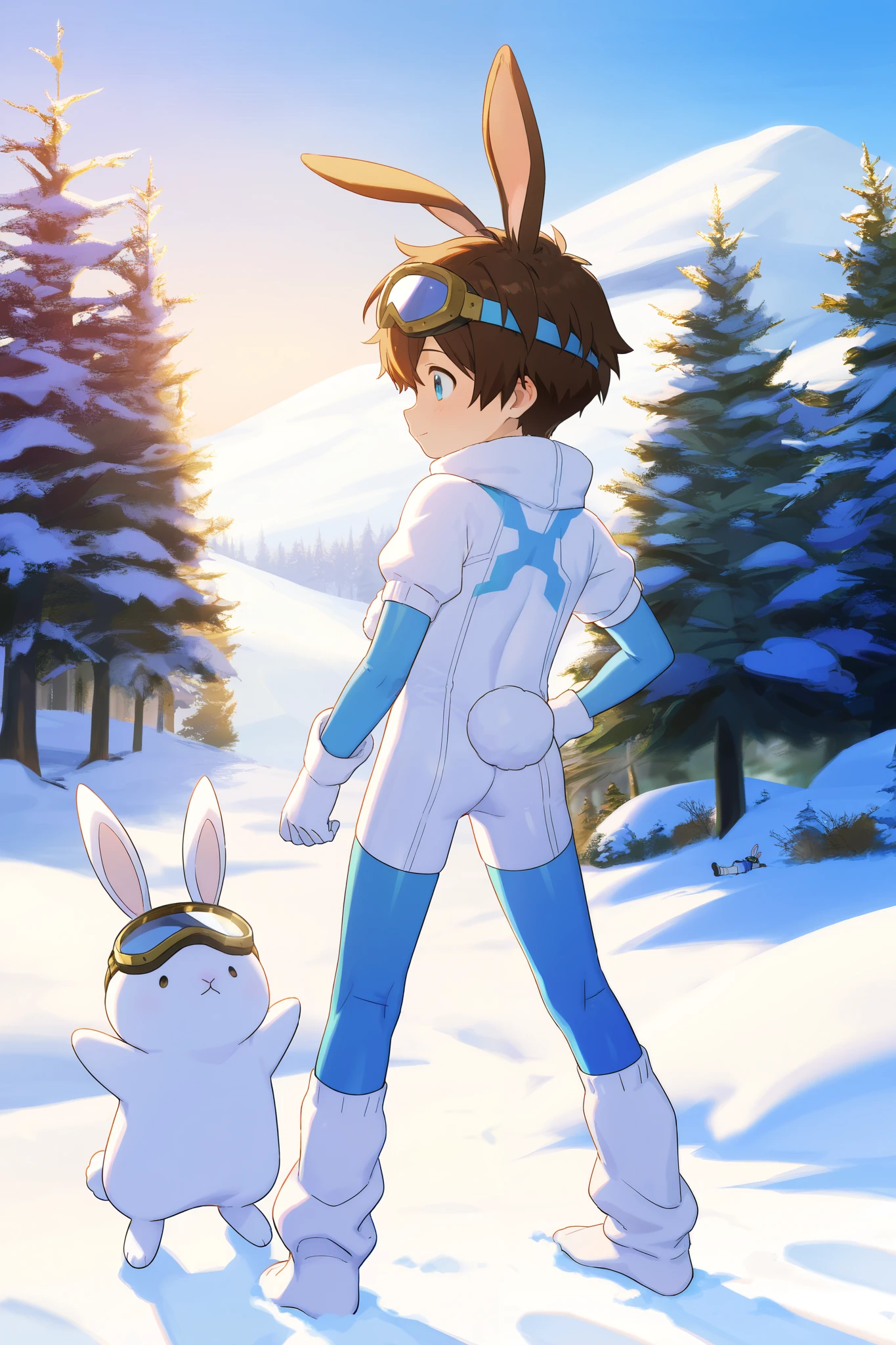 a boy, short hair,Boy in a blue and white bodysuit,Standing,cute,A with brown hair in white cotton socks,Goggles,looped rabbit ears, masterpiece, best quality ,male focus, Shota,enjoy,winter,Short sleeve,happy