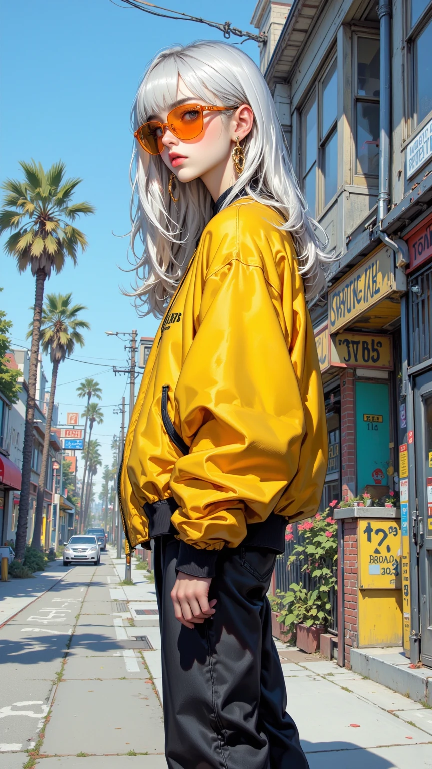 Little white girl with long white hair wearing an orange jacket with white pants, blue eyes walking barefoot on a Tite Kubo sleeve style sidewalk;