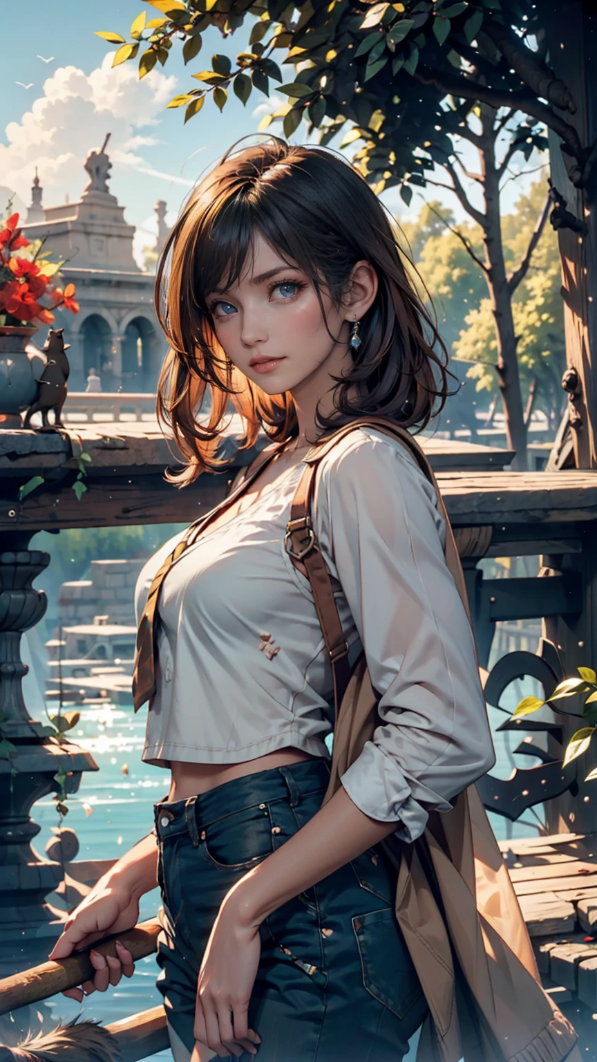 24-year-old female、Semi-long hair、black eye、Off-the-shoulder top with lace embellishment、Skinny jeans、Lace-up sandals、Model pose、Claude Monet、water lily、Blue skies in the French countryside、