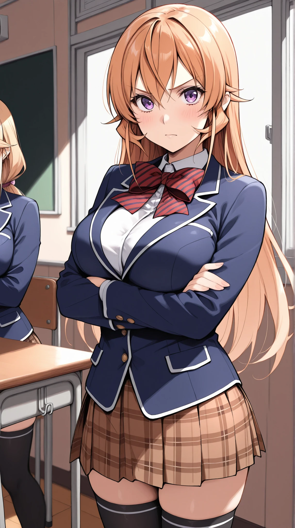 masterpiece, best quality, highres, Nakiri Erina(Shokugeki no Soma), long hair, red bow, striped bow, blazer, blue jacket, long sleeves, plaid skirt, brown skirt, black thighhighs, crossed arms, indoors, classroom