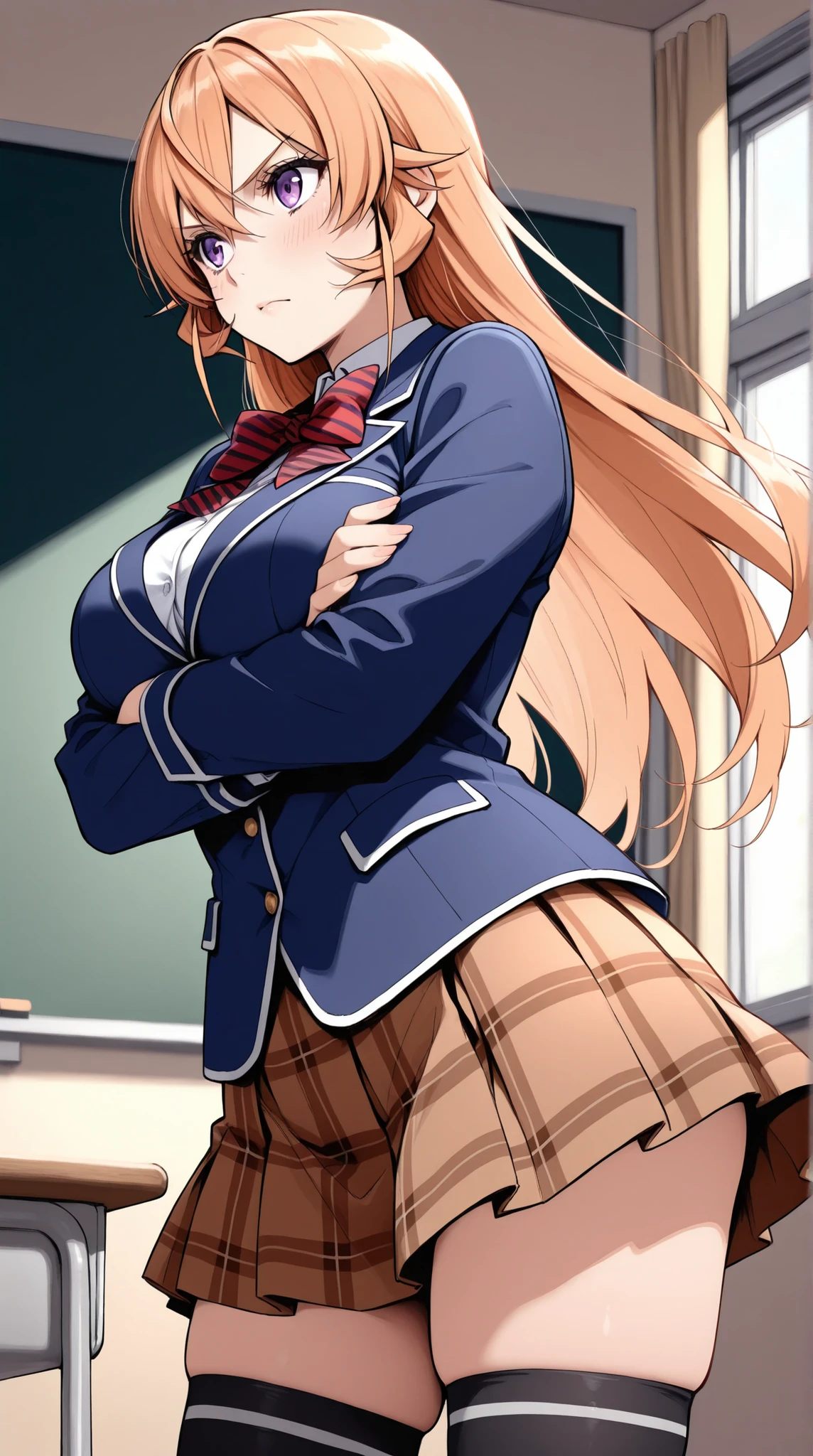masterpiece, best quality, highres, Nakiri Erina(Shokugeki no Soma), long hair, red bow, striped bow, blazer, blue jacket, long sleeves, plaid skirt, brown skirt, black thighhighs, crossed arms, indoors, classroom