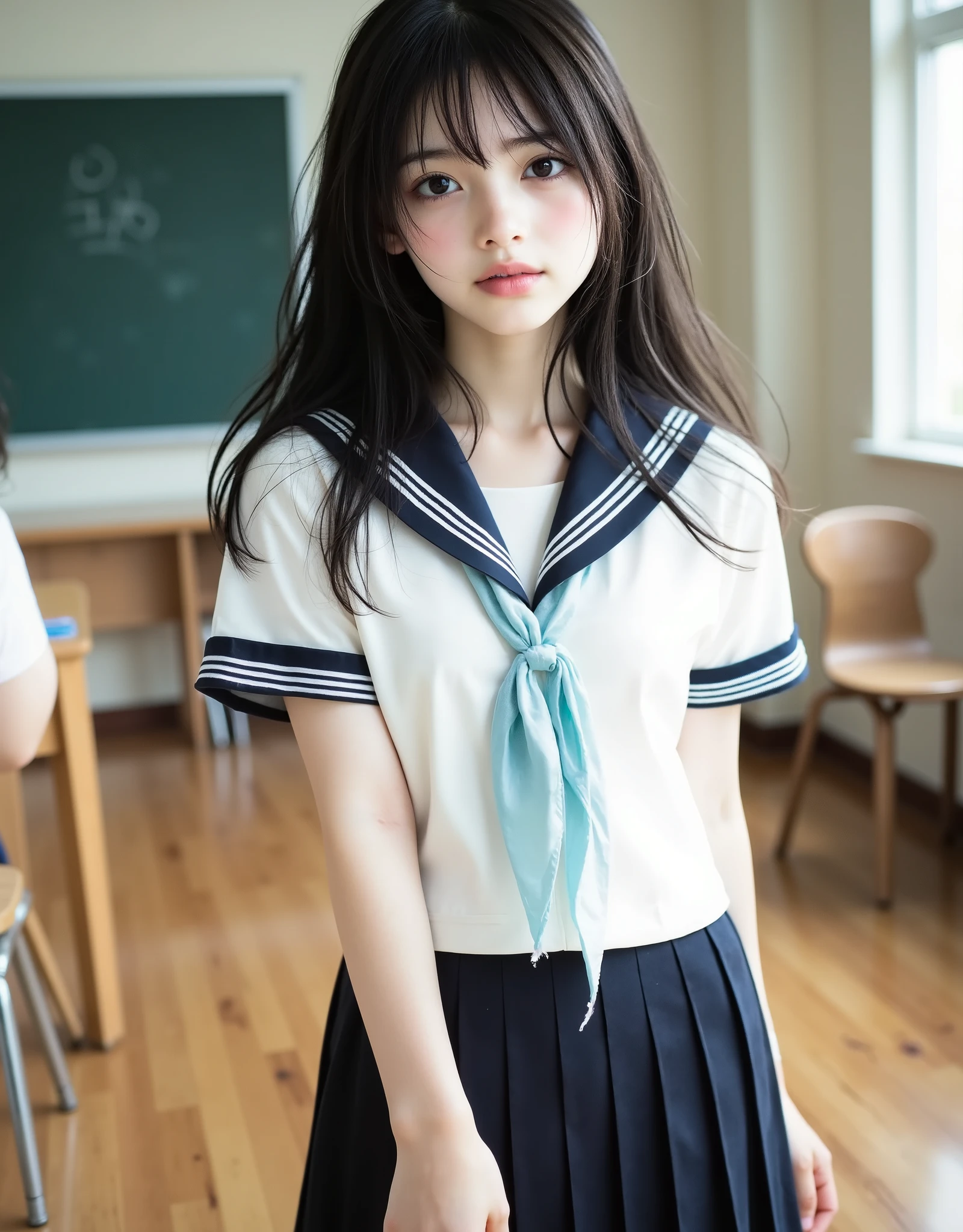 (Canon), (EOS R5), (50mm), (((photorealistic:1.5))), ( No Lens Flare :1.5), ((超high resolution)), (masterpiece), accurate,(realisticな質感の肌), Super Detail, High detail, high quality DVD , winning work, 最high quality DVD, 32K, depth of field, digital camera, award-winning glamour photo , professional lighting, (SFW), ((最high quality DVD:1.5)), ((masterpiece:1.5)), ((realistic)), high resolution,realisticな影, Roughness, Real Life,(very beautiful and cute single Japanese woman), (The cuteness of a top Japanese idol), ((Upper body shot seen obliquely from the front :1.5)), (( upper body shot from head to knee :1.5)), (( cute 18-year-old Japanese high school girl )), ((( white short sleeve sailor suit :1.8))), ((High School Classroom, desk, chair, blackboard, and window visible )), (((襟と胸当てが紺色で3本の白色ラインがある半袖の白色夏服セーラー服とnavy blue flared skirtを着て椅子に座っている:1.8))), ((Short-sleeved white sailor suit with dark blue collar and breast :1.8)), (( no front buttons on a sailor suit :1.8)), (( sailor suit's chest is dark blue and has 3 white lines :1.5)), ((navy blue flared skirt:1.5)), ((Light blue scarf for sailor suit :1.8)), ((Navy blue scarf closure :1.5)), ((no accessories:1.5)), ((no earrings:1.5)), ((Without necklace:1.5)), ((Women's watch on her left arm )), ((very cute high school girl who feels young)), Attractive cuteness , Seductive Poses, Height: 160cm, slim figure, Beautifully shaped bust, D Cup, ((少し歯が見える very cute smile:1.5)), (alone:1.5), (There is only one person in the classroom), (brown eyes:1.9), ( Detailed depiction of extremely realistic skin ), (Highly detailed, realistic eyes:1.9), ( extremely beautiful long realistic eyelashes ), (Highly detailed, realistic eyebrows), (丸いbrown eyes :1.8), ( beautiful catchlight on the eyes), (Realistic lips with moisture ), (White Realistic Teeth Arrayed Neatly), ( Beautiful and Detailed Face :1.6), (hourglass figure:1.6), (Wasp waist :1.5), (Perfectly round and beautifully shaped breasts:1.8), ( clearly contoured cheekbones :1.5), (perfect style body :1.8), (Healthy body :1.8), (Narrow shoulders:1.9), (staring at viewers), (mesmerizing gaze on the outer corner of the eye), (Beautiful, natural-looking hands), (beautiful pink nails with a beautiful length), ( show your hands as little as possible ), ( very cute smile:1.1), ( her stomach and navel may be slightly visible:1.4), (dark hair medium hair :1.3), (beautiful black hair), ( has bangs), natural atmosphere, Very cute type, beautiful thighs, (( evening classroom )), (( with a pencil case and notebook on her desk :1.4)), (( show your hands as little as possible )), ((I can't show my feet)), blur the background, Illuminate the face, dynamic pose, beautiful body line , Beautiful, realistic skin , Art Photography, Beautiful Soft Writing, accurate手の形,accurate指の形,accurate指の数,5 fingers on one hand ,((No watermark, No signature))