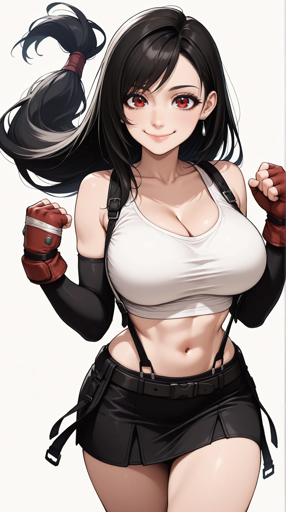 tifa lockhart, final fantasy vii, 1girl, bangs, bare shoulders, belt, black belt, black gloves, black hair, black skirt, cleavage, clenched hands, closed mouth, collarbone, cowboy shot, crop top, earrings, elbow gloves, fingerless gloves, floating hair, gloves, hair behind ear, hands up, jewelry, large breasts, lips, long hair, looking at viewer, low-tied long hair, midriff, miniskirt, navel, red eyes, red gloves, shirt, side locks, simple background, skirt, sleeveless, smile, solo, stomach, suspenders, swept bangs, tank top, taut clothes, taut shirt, thighs, white background, white tank top, masterpiece, best quality