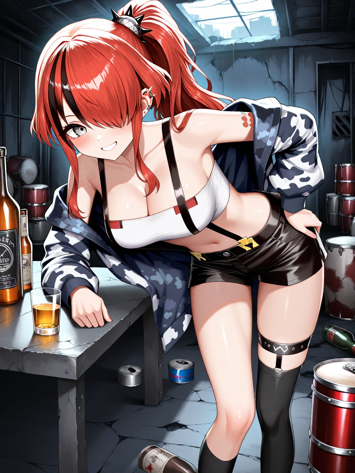 anime (Kampfer), teen lady , sexy (very big boobs), actress (Akane Mishima) , red short hair to shoulders length , red eyes , collar, knee highs, tie , bikini, watch , She sits shooting a pistol at a liquor store