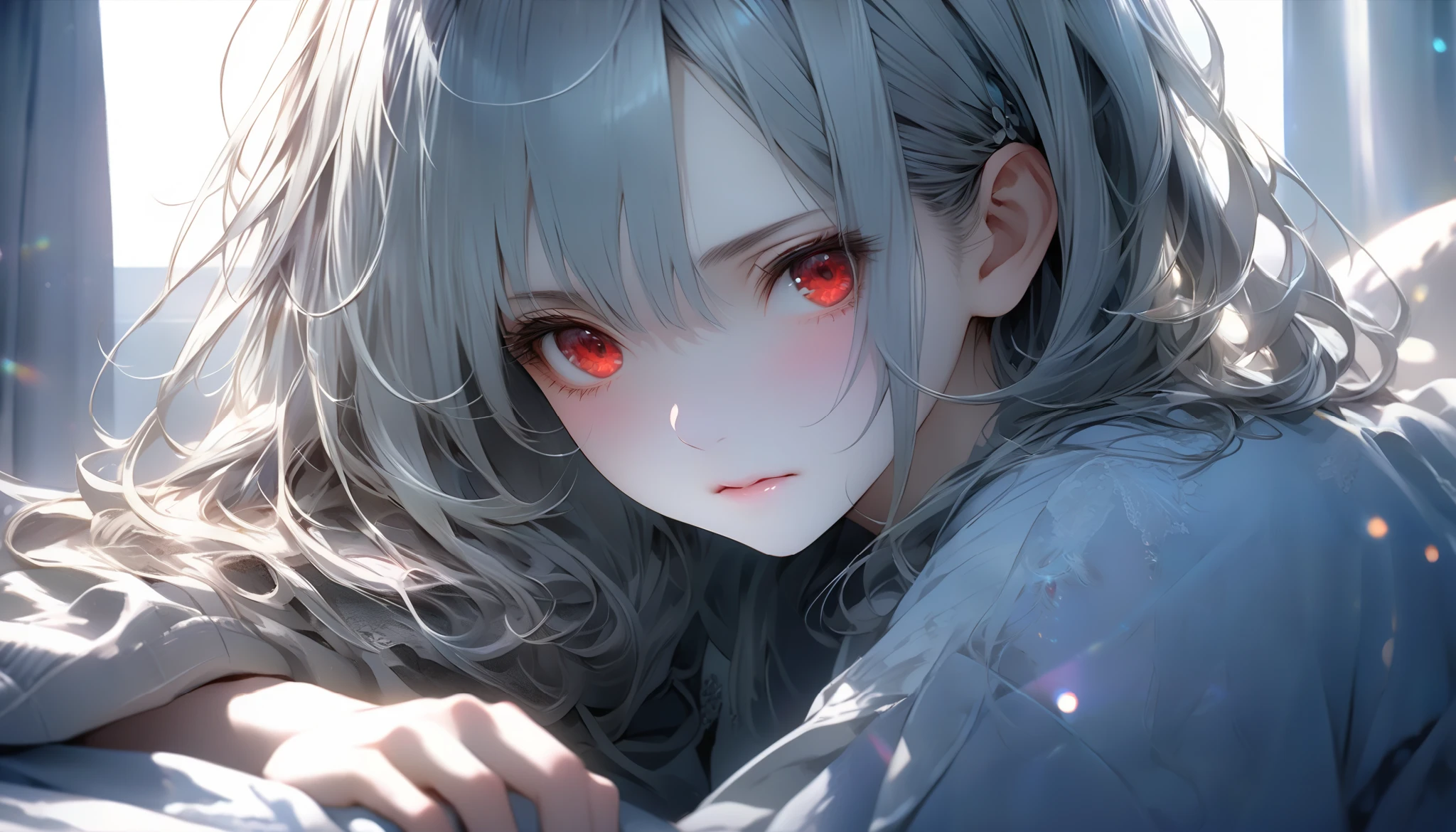 Girl pulling the curtain shut with annoyed expression as sunlight enters the room, modern bedroom interior, early morning, dusty light rays, The scene conveys a sense of inner conflict and introspection, highlighting doubt and anxiety. Highly detailedElegant and detailed, adding dramatic and symbolic elements to the scene, deep borders, bokeh, smooth textures, ultra detailed, high resolution, ultra detailed, (best quality, 16K, high resolution, masterpiece), subtle colors, vibrant colors, professional lighting, beautiful details with little projection, long silver hair, silver hair, white skin, red eyes,