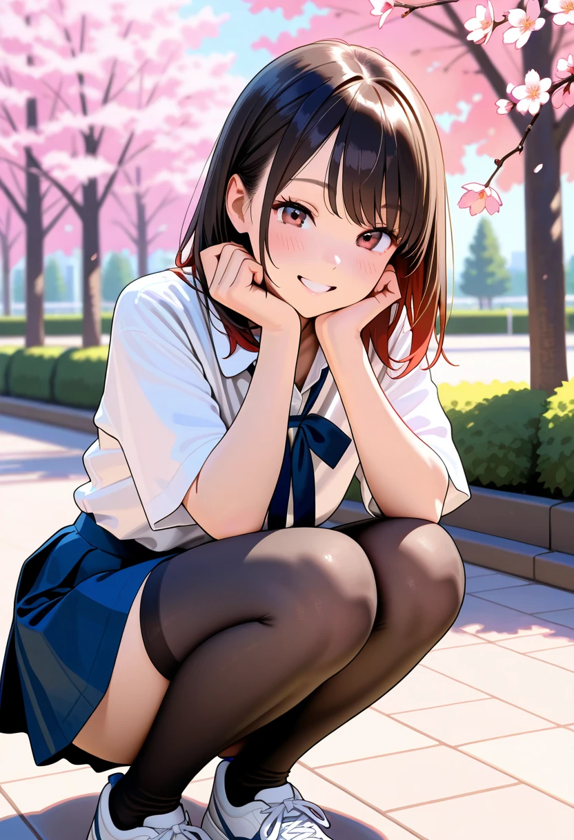 (masterpiece, best quality:1.2), cowboy shot, solo, 1girl, ((ponytail:1.4)) yukinoshita yukino, ((wide smile1.4)), ((looking at viever:1.4)), ((Sky from below:1.4)), ((full body)), (sitting on bench:1.4)),((crossed legs:1.4)), school uniform, plaid skirt, ((thighhighs)), outside, ((blushing:1.4)), sunny day