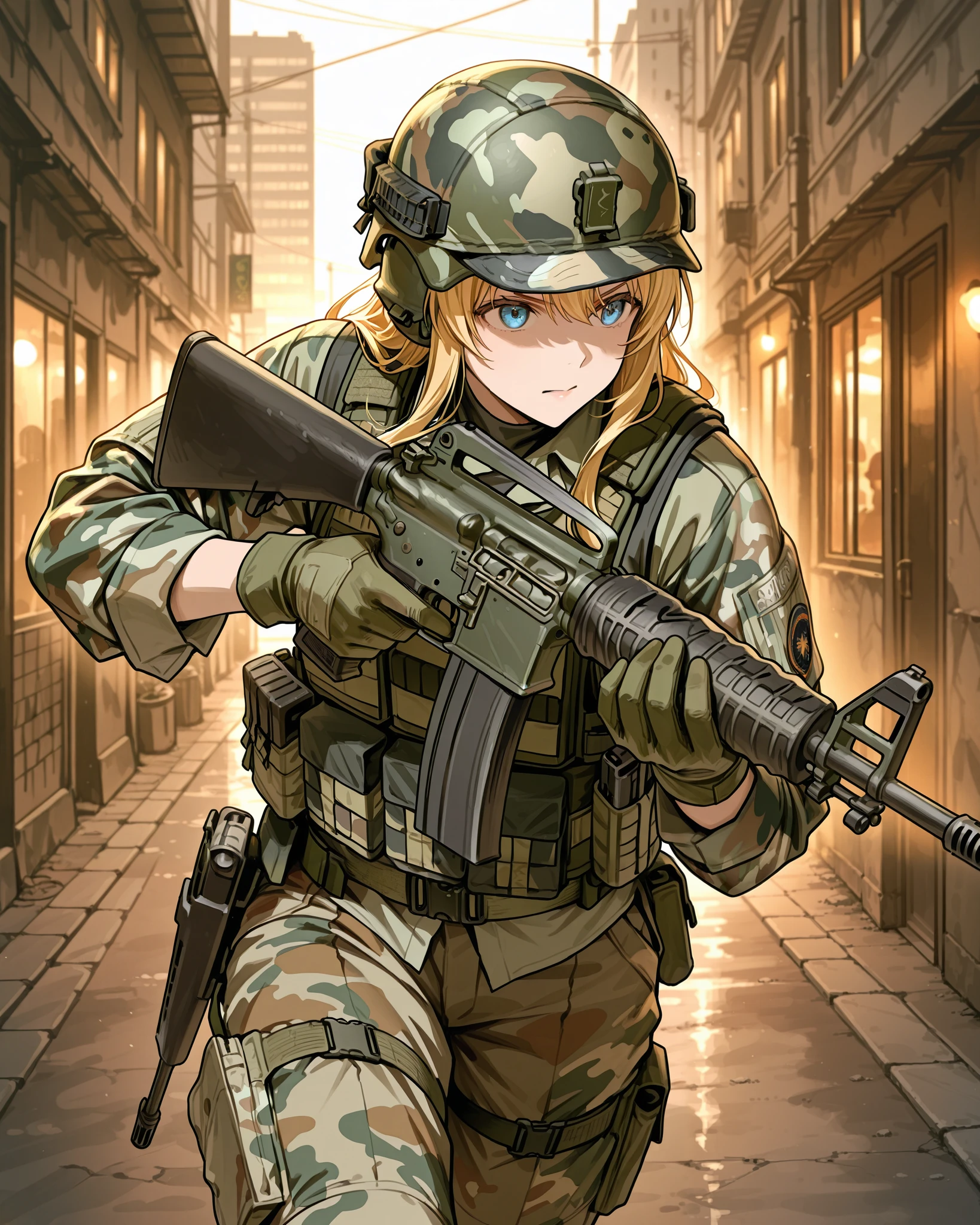 A soldier in urban camouflage gear with a tactical vest and helmet is aiming an M16 rifle down a city street. The background features tall buildings and an urban setting. The soldier is wearing green gloves and appears focused, with the rifle aimed straight ahead in a combat-ready stance. The lighting is natural with shadows falling on the street. The atmosphere is intense and action-oriented, suggesting a military or tactical operation in an urban environment.