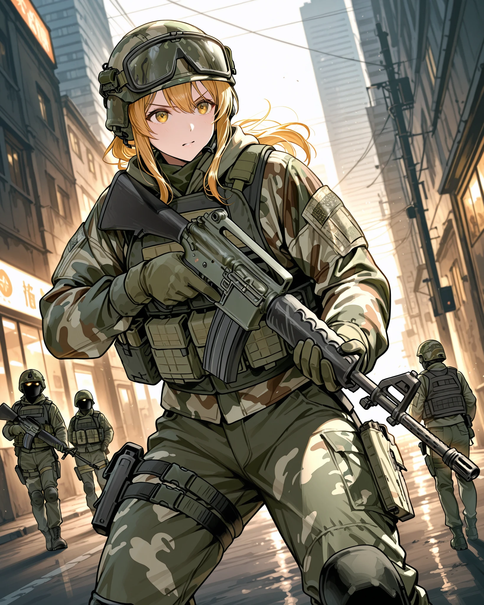 A soldier in urban camouflage gear with a tactical vest and helmet is aiming an M16 rifle down a city street. The background features tall buildings and an urban setting. The soldier is wearing green gloves and appears focused, with the rifle aimed straight ahead in a combat-ready stance. The lighting is natural with shadows falling on the street. The atmosphere is intense and action-oriented, suggesting a military or tactical operation in an urban environment.