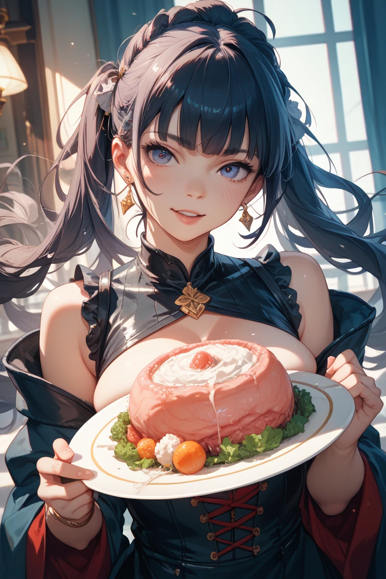 (((Masterpiece))),(((Super Detail))),(((in 8K))),(((best composition))),(((Rim lighting,Fireglow effect,deep shadow))),solo),Beautiful fingers,Detailed finger features,(Detailed hair features:1.7),(Dynamic and sexy bending pose:1.3),detailed facial features,detailed clothes features, (perky chest:1.1), (pointed chest:1.3), delicate beautiful face, Bright blue eyes, cute eyes, sparkling eyes, Big eyes, beautiful detailed eyes,double bun with glittering hair ornament:0.6,(super detailed glossy skin:1.3),slender body,goddess smile,((with sparkling eyes and a contagious smile)),beautiful posture,have a cup of coffee,black hair, red eyes, dress, bare shoulders, jewelry, collarbone, sidelocks, hairband, earrings, indoors, off shoulder, sweater, arms behind back, plant, short hair with long locks, white hairband, off-shoulder dress, sweater dress, off-shoulder sweater, red sweater, big side hair, very long side hair,(super delicate floral pattern:1.2),seductive cleavage:1.3,beautiful glossy legs,shiny red high heels,lifting dishes with cakesd,french restaurant,hustle and bustle,rising steam,(((depth of fields)))