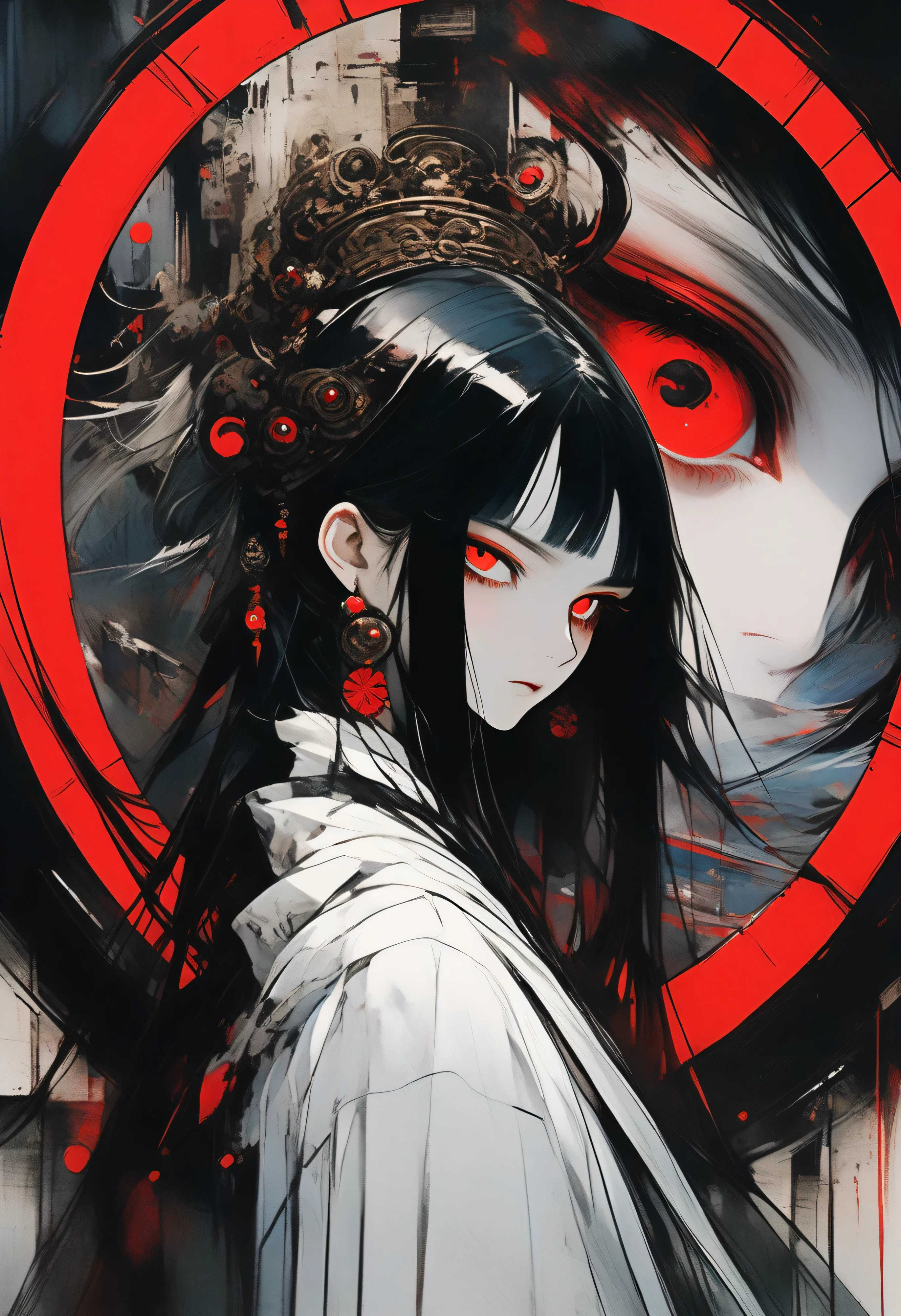 Anime girl with black hair and red eyes in a white dress - SeaArt AI