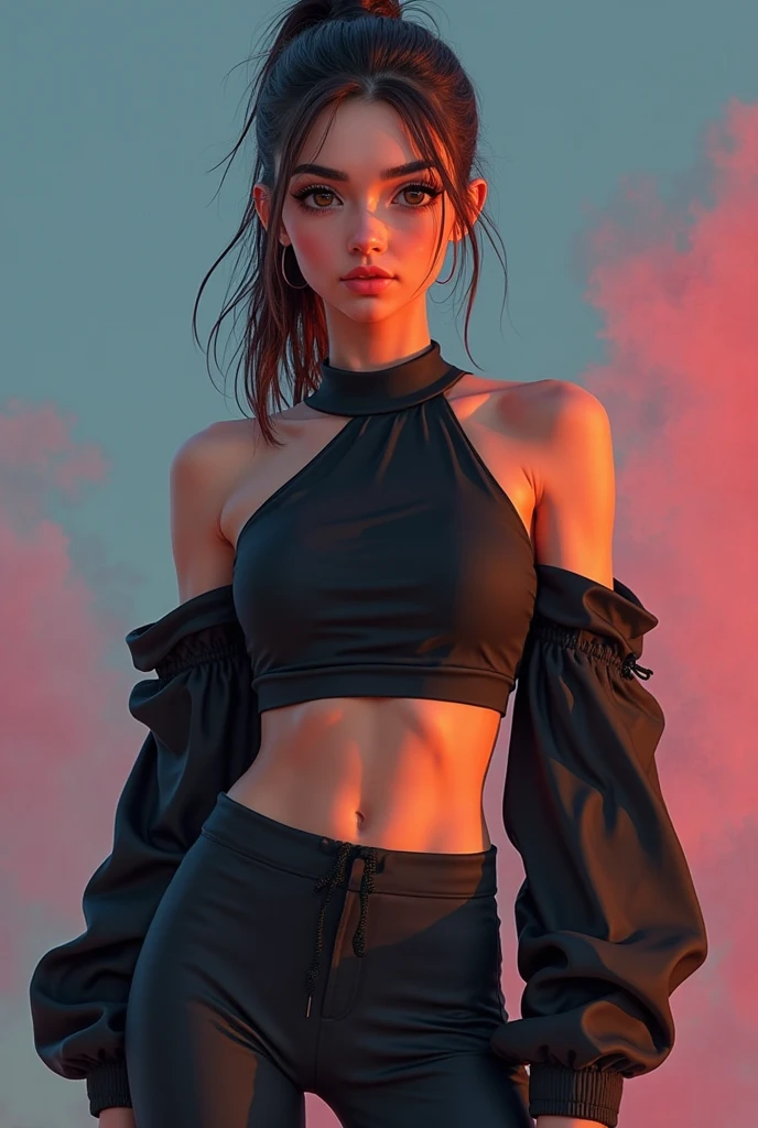 ultra realistic photo, ((A 21-year-old girl wears a sports bra.)), Deanvo, (Narrow hips), (freckles: 1.0), 1 girl, Blush, Masterpiece, best quality, nonsense, award-winning images, Extreme details, very complicated,, detailed face + eyes, natural light, realistic, Highly detailed, photography, Masterpiece, High quality, High quality, height, sexy, cute, detailed face, full body, Beautiful face, open black shirt, Goosebumps, 1 solo, 1 girl
