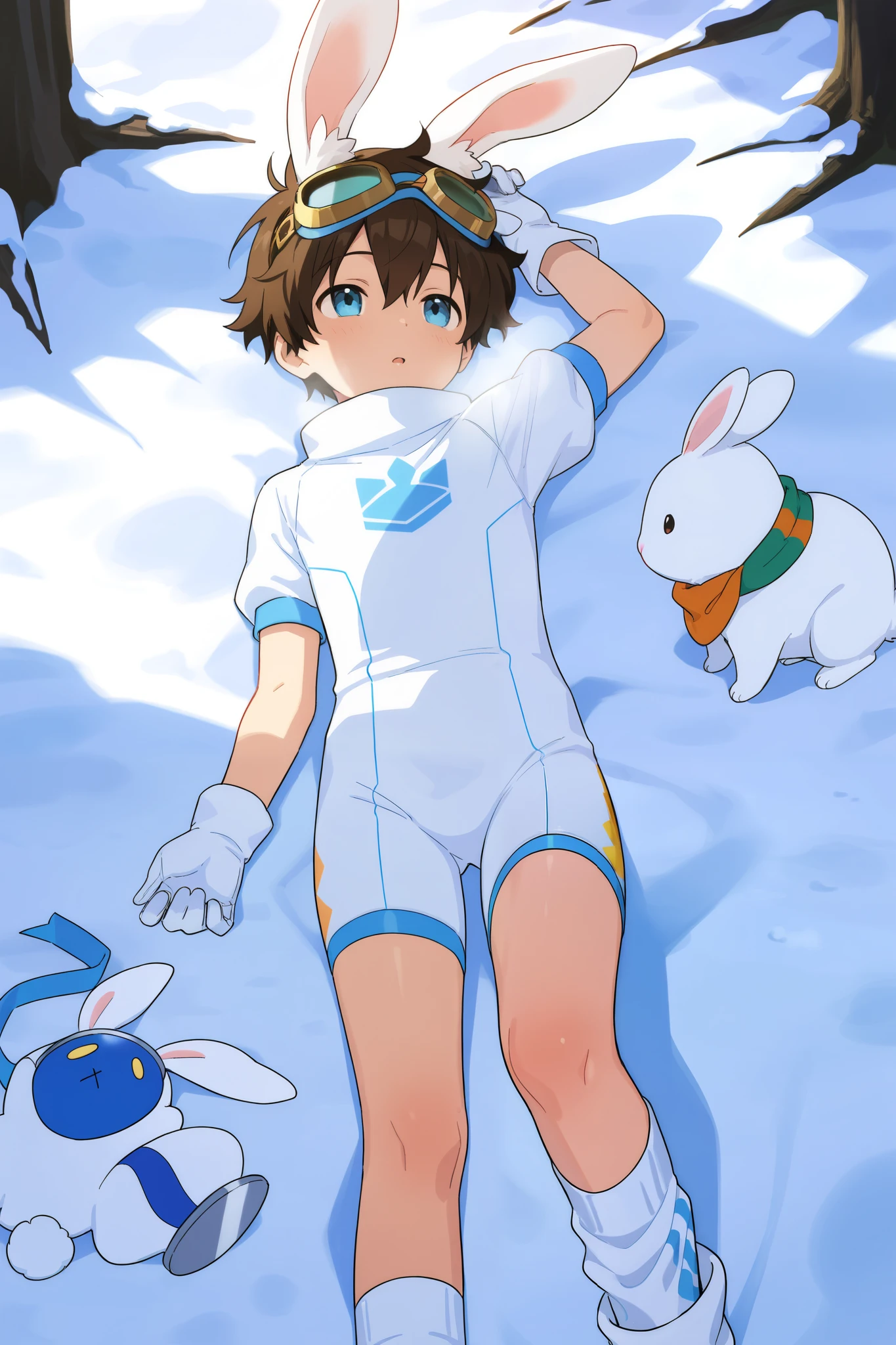 a boy, short hair,Boy in a blue and white bodysuit,Lying down,cute,A with brown hair in white cotton socks,Goggles,looped rabbit ears, masterpiece, best quality ,male focus, Shota,enjoy,winter,Short sleeve,happy