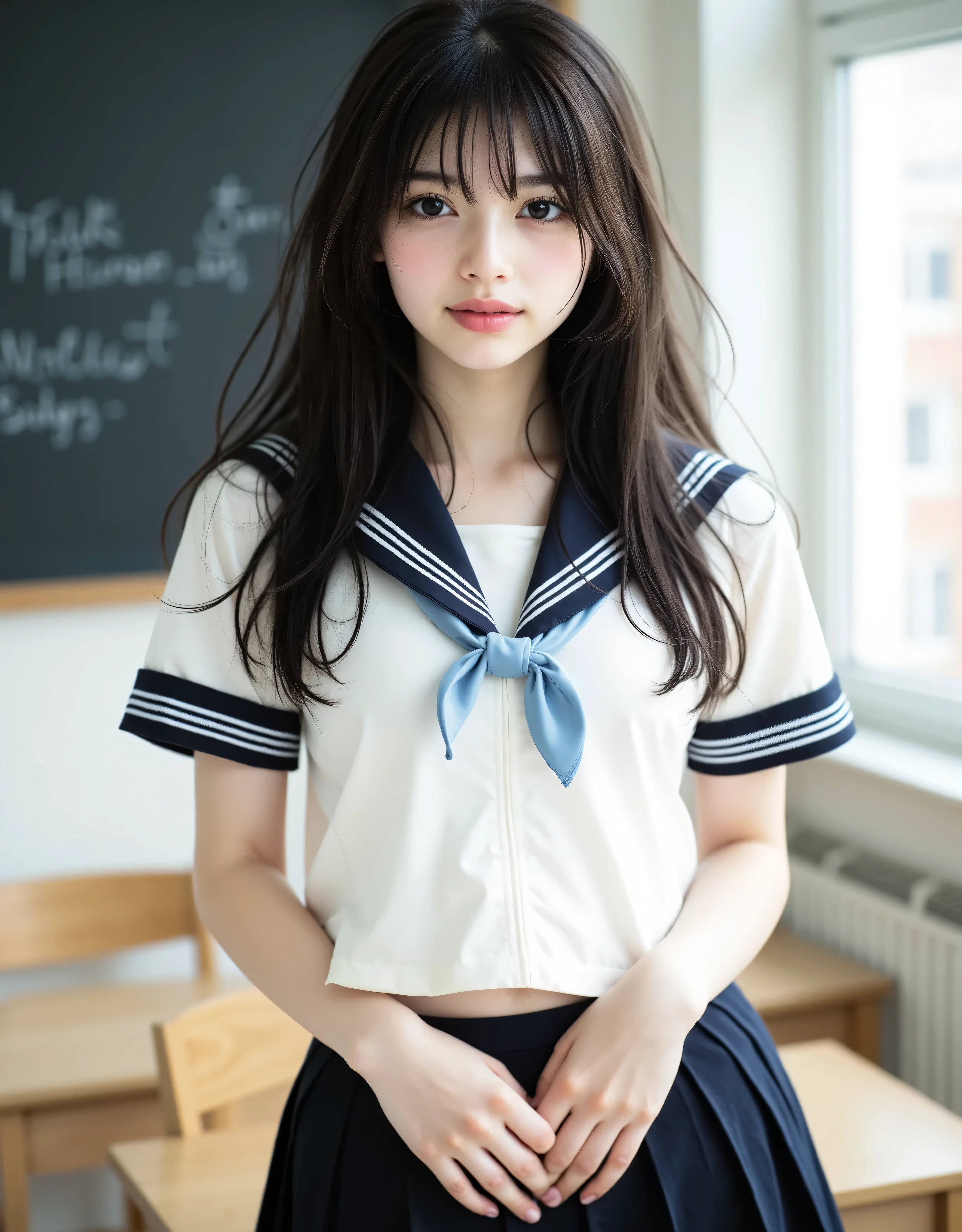 (Canon), (EOS R5), (50mm), (((photorealistic in a room with white walls:1.5))), ( No Lens Flare :1.5), ((超high resolution)), (masterpiece), accurate,(Realistic texture skin), Super Detail, High detail, high quality DVD , winning work, 最high quality DVD, 32K, depth of field, digital camera, award-winning glamour photo , professional lighting, (SFW), ((最high quality DVD:1.5)), ((masterpiece:1.5)), ((realistic)), high resolution,Realistic shadow, Roughness, Real Life,(very beautiful and cute single Japanese woman), (The cuteness of a top Japanese idol), ((Upper body shot seen obliquely from the front :1.5)), (( upper body shot from head to knee :1.5)), (( cute 18-year-old Japanese high school girl )), ((( white short sleeve sailor suit :1.8))), ((High School Classroom, desk, chair, blackboard, and window visible )), (((I'm sitting on a chair wearing a short-sleeved white summer suit with dark blue collar and 3 white lines and a navy blue flared skirt:1.8))), ((Short-sleeved white sailor suit with dark blue collar and breast :1.8)), (( no front buttons on a sailor suit :1.8)), (( sailor suit's chest is dark blue and has 3 white lines :1.5)), ((navy blue flared skirt:1.5)), ((Light blue scarf for sailor suit :1.8)), ((Navy blue scarf closure :1.5)), ((no accessories:1.5)), ((no earrings:1.5)), ((Without necklace:1.5)), ((Women's watch on her left arm )), ((very cute high school girl who feels young)), Attractive cuteness , Seductive Poses, Height: 160cm, slim figure, Beautifully shaped bust, D Cup, ((A little teeth showing, very cute smile:1.5)), (alone:1.5), (There is only one person in the classroom), (brown eyes:1.9), ( Detailed depiction of extremely realistic skin ), (Highly detailed, realistic eyes:1.9), ( extremely beautiful long realistic eyelashes ), (Highly detailed, realistic eyebrows), (丸いbrown eyes :1.8), ( beautiful catchlight on the eyes), (Realistic lips with moisture ), (White Realistic Teeth Arrayed Neatly), ( Beautiful and Detailed Face :1.6), (hourglass figure:1.6), (Wasp waist :1.5), (Perfectly round and beautifully shaped breasts:1.8), ( clearly contoured cheekbones :1.5), (perfect style body :1.8), (Healthy body :1.8), (Narrow shoulders:1.9), (staring at viewers), (mesmerizing gaze on the outer corner of the eye), (Beautiful, natural-looking hands), (beautiful pink nails with a beautiful length), ( show your hands as little as possible ), ( very cute smile:1.1), ( her stomach and navel may be slightly visible:1.4), (Dark Hair Medium Hair :1.3), (beautiful black hair), ( Has bangs), natural atmosphere, Very cute type, beautiful thighs, (( evening classroom )), (( with a pencil case and notebook on her desk :1.4)), (( show your hands as little as possible )), ((I can't show my feet)), blur the background, Illuminate the face, dynamic pose, beautiful body line , Beautiful, realistic skin , Art Photography, Beautiful Soft Writing, Accurate ,Accurate , Accurate,5 fingers on one hand ,((No watermark, No signature))