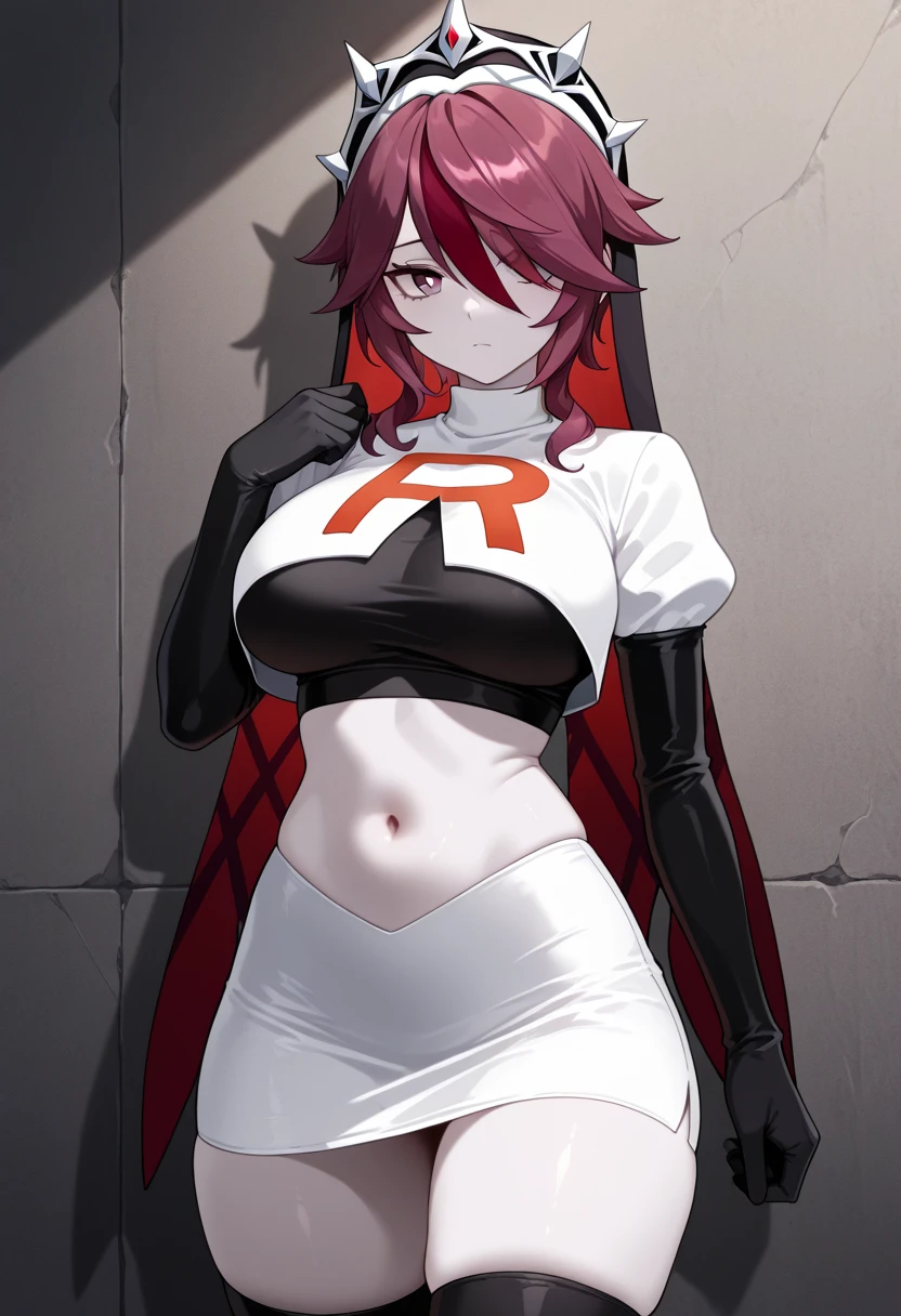 scathach, scathach, long hair, purple hair, (red eyes:1.5),
BREAK team rocket,team rocket uniform,white skirt,red letter R,crop top,black thigh-highs,black elbow gloves
BREAK looking at viewer,
BREAK (masterpiece:1.2), best quality, high resolution, unity 8k wallpaper, (illustration:0.8), (beautiful detailed eyes:1.6), extremely detailed face, perfect lighting, extremely detailed CG, (perfect hands, perfect anatomy),