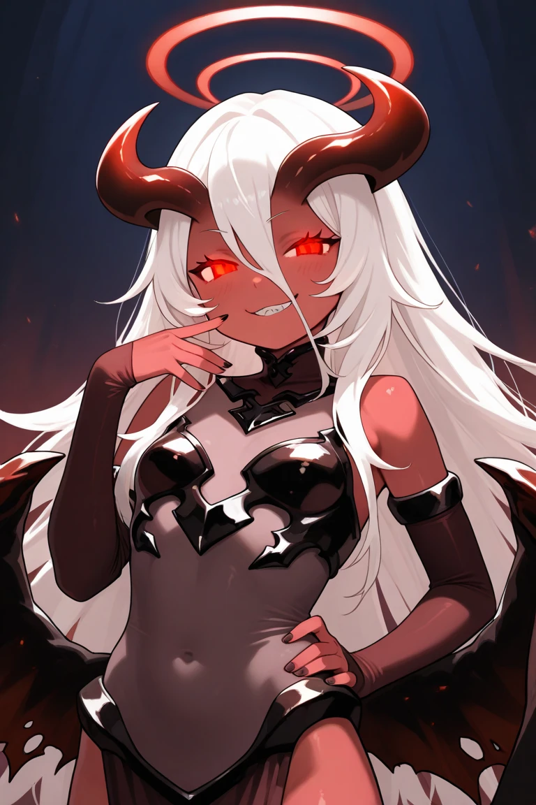 Long white hair, yellow eyes, evil, sexy, black and red clothes, cute hairstyle, evil face, evil, serious look, gloss lips, sinister, front look, bloody, gloves, (((half-body portrait))), beautiful eyes, short dress, big white, dark place, night, sensual, straight hair cut, clear skin, evil, young 30 years girl, adult girl, solo, red, very long hair, (((Older mature woman)))(((Demon horns)))