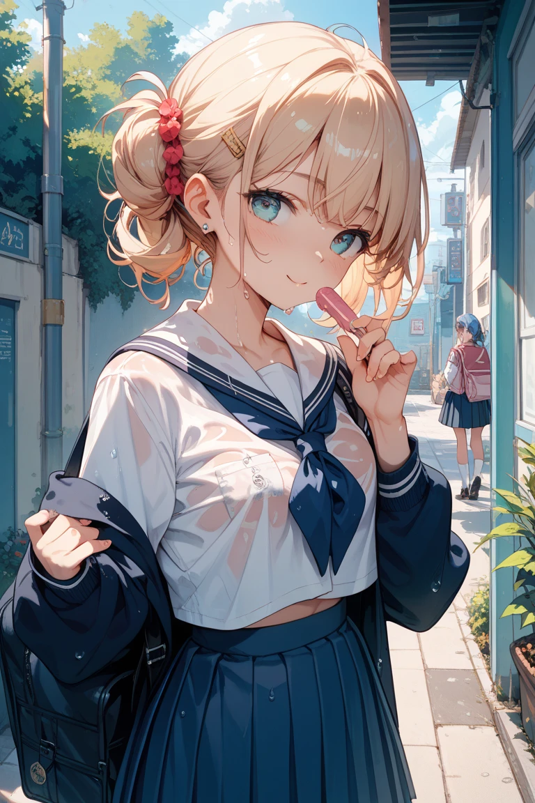 cinematic composition, cinematic light, anatomically correct, masterpiece, highest quality, 15 year old girl、blonde、school uniform、sneakers、((In town、walking、Eating popsicles、popsicles in mouth、blue sky, whole body)), (long tongue, wet hair, sunlight)