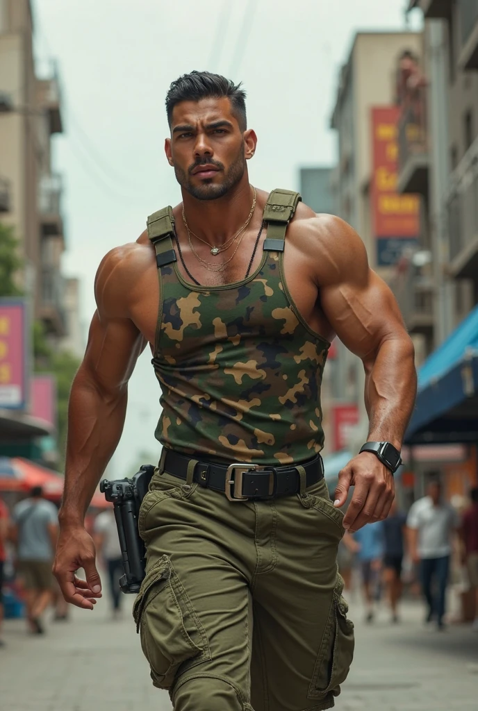 Khaki police uniform, Asian man, shirtless, underwear, stocky figure, on the street.
