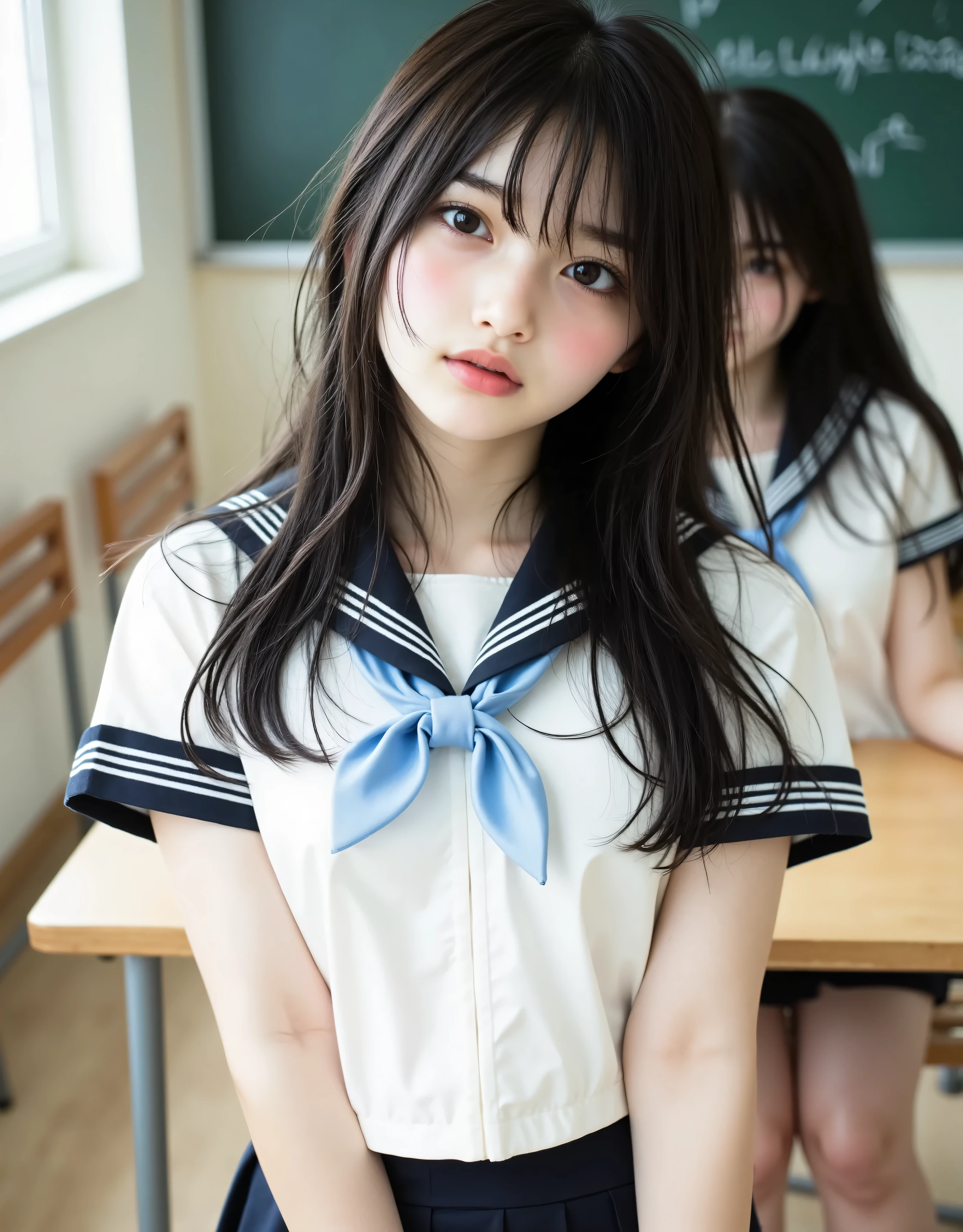 (Canon), (EOS R5), (50mm), (((photorealistic:1.5))), ( No Lens Flare :1.5), ((超high resolution)), (masterpiece), accurate,(Realistic texture skin), Super Detail, High detail, high quality DVD , winning work, 最high quality DVD, 32K, depth of field, digital camera, award-winning glamour photo , professional lighting, (SFW), ((最high quality DVD:1.5)), ((masterpiece:1.5)), ((realistic)), high resolution,Realistic shadow, Roughness, Real Life,(very beautiful and cute single Japanese woman), (The cuteness of a top Japanese idol), ((Upper body shot seen obliquely from the front :1.5)), (( upper body shot from head to knee :1.5)), (( cute 18-year-old Japanese high school girl )), ((( white short sleeve sailor suit :1.8))), ((High School Classroom, desk, chair, blackboard, and window visible )), (((I'm sitting on a chair wearing a short-sleeved white summer suit with dark blue collar and 3 white lines and a navy blue flared skirt:1.8))), ((Short-sleeved white sailor suit with dark blue collar and breast :1.8)), (( no front buttons on a sailor suit :1.8)), (( sailor suit's chest is dark blue and has 3 white lines :1.5)), ((navy blue flared skirt:1.5)), ((Light blue scarf for sailor suit :1.8)), ((Navy blue scarf closure :1.5)), ((no accessories:1.5)), ((no earrings:1.5)), ((Without necklace:1.5)), ((Women's watch on her left arm )), ((very cute high school girl who feels young)), Attractive cuteness , Seductive Poses, Height: 160cm, slim figure, Beautifully shaped bust, D Cup, ((A little teeth showing, very cute smile:1.5)), (alone:1.5), (There is only one person in the classroom), (brown eyes:1.9), ( Detailed depiction of extremely realistic skin ), (Highly detailed, realistic eyes:1.9), ( extremely beautiful long realistic eyelashes ), (Highly detailed, realistic eyebrows), (丸いbrown eyes :1.8), ( beautiful catchlight on the eyes), (Realistic lips with moisture ), (White Realistic Teeth Arrayed Neatly), ( Beautiful and Detailed Face :1.6), (hourglass figure:1.6), (Wasp waist :1.5), (Perfectly round and beautifully shaped breasts:1.8), ( clearly contoured cheekbones :1.5), (perfect style body :1.8), (Healthy body :1.8), (Narrow shoulders:1.9), (staring at viewers), (mesmerizing gaze on the outer corner of the eye), (Beautiful, natural-looking hands), (beautiful pink nails with a beautiful length), ( show your hands as little as possible ), ( very cute smile:1.1), ( her stomach and navel may be slightly visible:1.4), (Dark Hair Medium Hair :1.3), (beautiful black hair), ( Has bangs), natural atmosphere, Very cute type, beautiful thighs, (( evening classroom )), (( with a pencil case and notebook on her desk :1.4)), (( show your hands as little as possible )), ((I can't show my feet)), blur the background, Illuminate the face, dynamic pose, beautiful body line , Beautiful, realistic skin , Art Photography, Beautiful Soft Writing, Accurate ,Accurate , Accurate,5 fingers on one hand ,((No watermark, No signature))