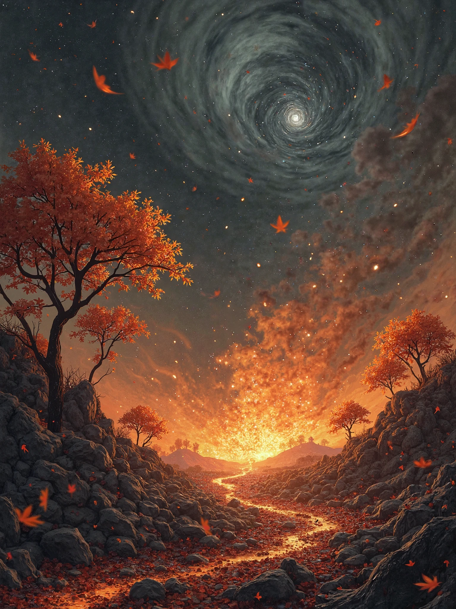 There is a painting of a landscape with a river and trees - SeaArt AI