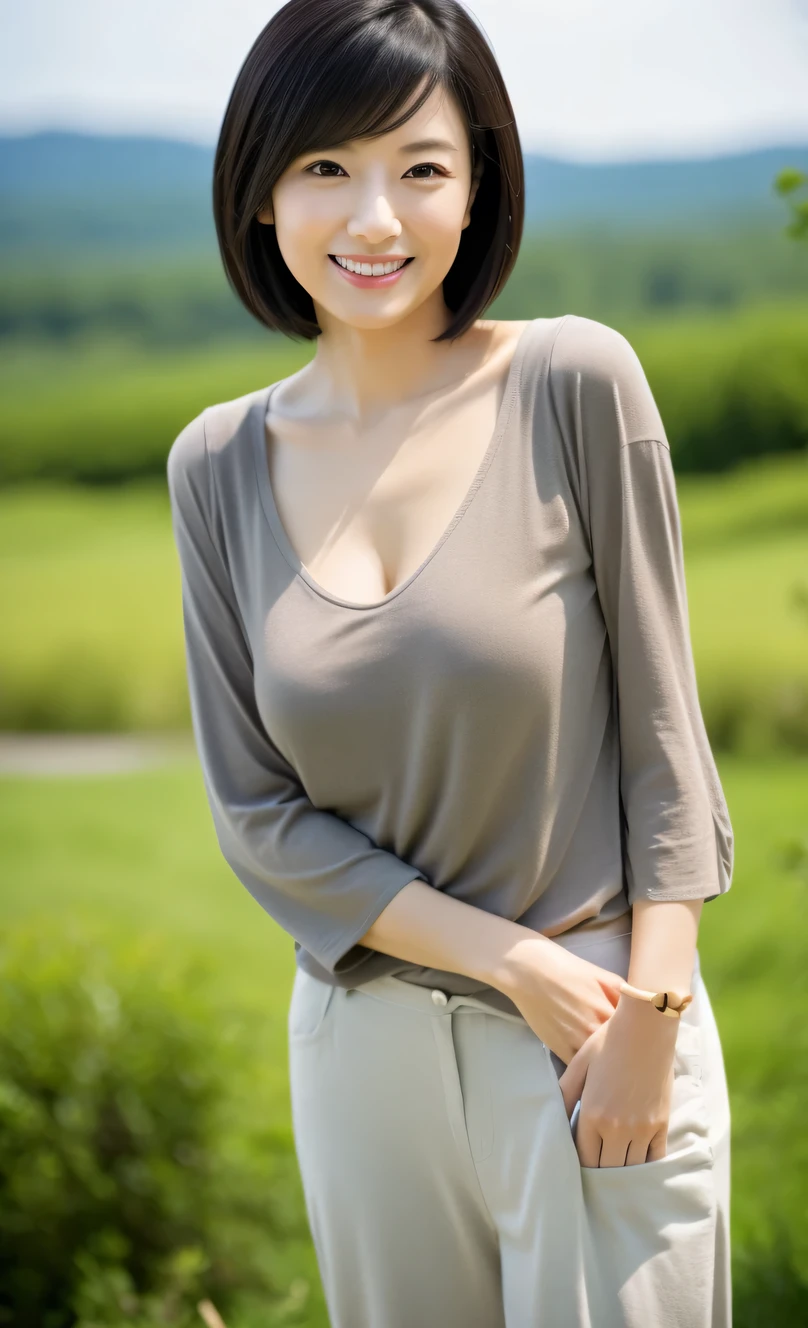 ((Best quality, 8k, Masterpiece :1.3)), Japanese hot milf worker with slender body, pubic hair, Ultra-detailed face, Detailed eyes, Double eyelid, smiling, a coquettish look, bob hairstyle, wearing a white t shirt and pants, necklace and earrings, in a big city, outdoor,