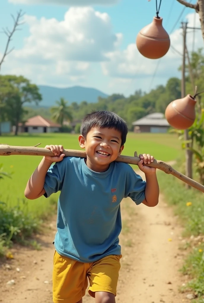 A boy running with a sugar cane zipper under his arm, side view, sugar cane. 