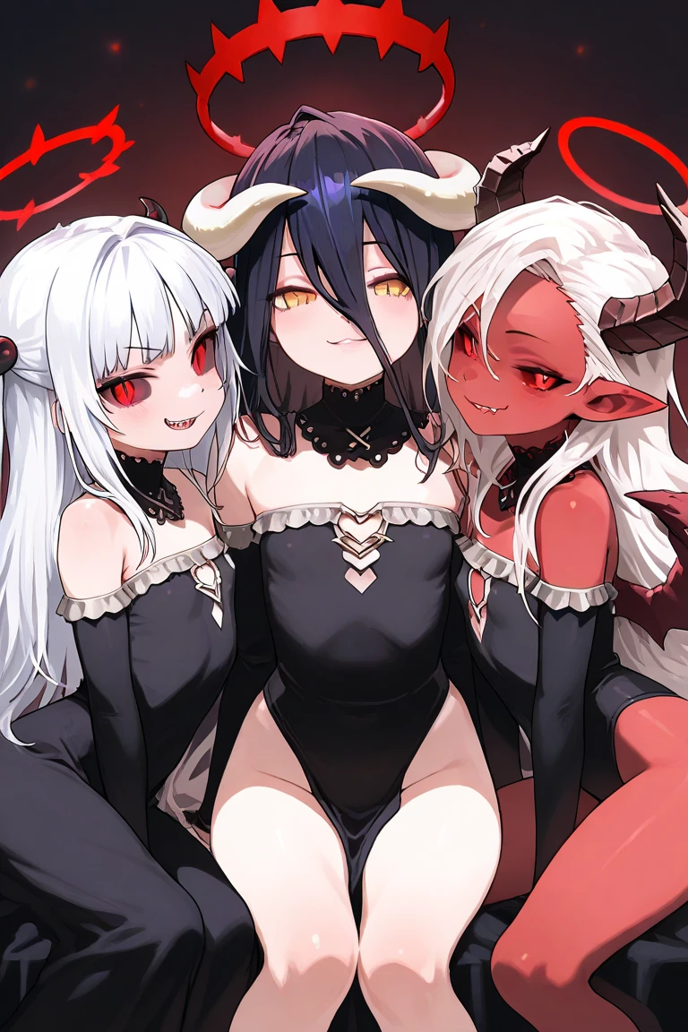 (masterpiece,best quality,ultra-detailed),3girl, pointy ears, black horns,delicate:1.2, horror,beautiful, mystical, surreal,(seductive),((pale skin)),(25 years old), (white hair),((black sclera)),dark yellow eyes,((dust theme)),small breasts,big breasts