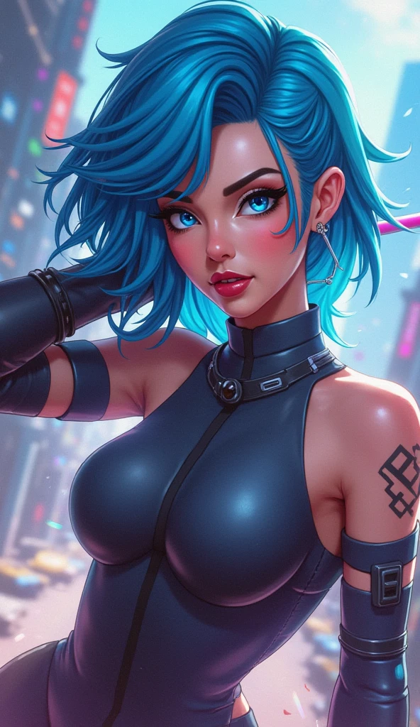Generate an image of a woman with blue hair, tattoos on her arms (Eddie Mendoza style), Artstation contest winner, digital art, beautiful digital artwork, beautiful realistic upper body, photorealistic anime girl render, girl with tattoos, realistic anime 3d, beautiful detailed body and face, (Lois van Rossdraws style), realistic digital illustration, Ross Tran 8k