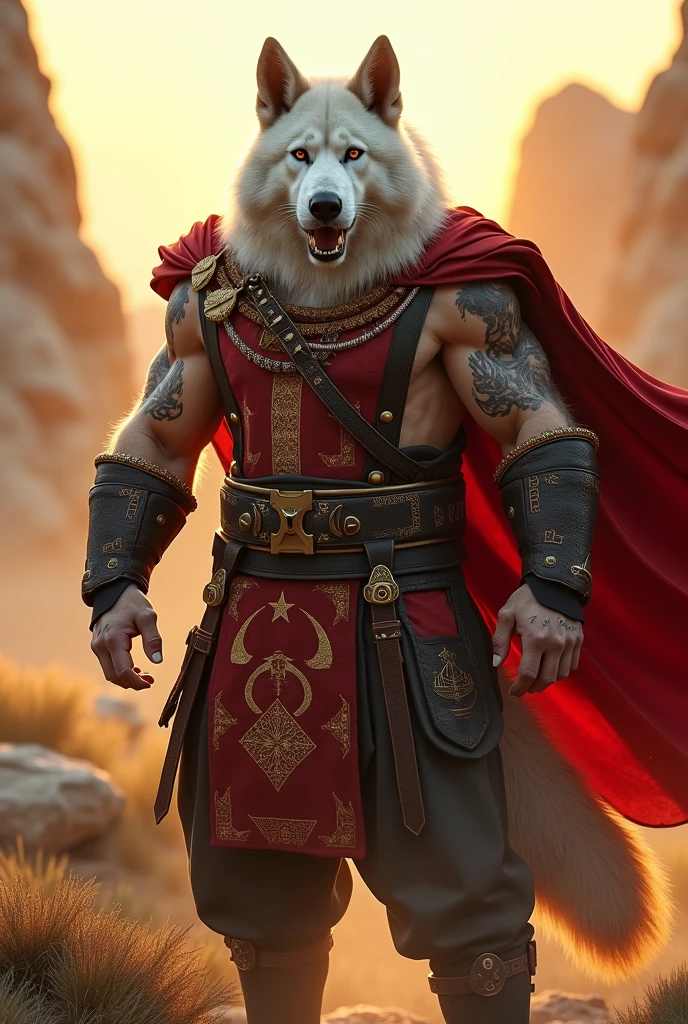 Realistic wolf in vigilante outfit with Spartan written on it With a mug in his hand 