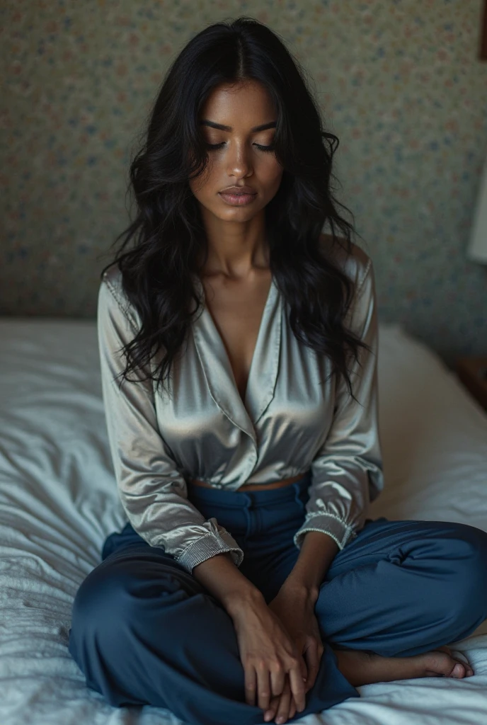 raw photo, one in a sequence, selfie, (from above, a stunning dark skinned women 30yo, she's in her resort room with window overlooking the ocean, room is luxurious and filled with varieties of colorful flowers, arrangements, wine glasses, towels, she has ((white satin collared blouse top:1.3)) on, she's showing us her pedicured toenails, red polish pedicure on perfect feet, we can see incredible smoky-eye makeup looking up at us, head down eyes up, satin top, ,((smoky eye makeup:0.8) on),we lovingly watch her embrace herself with happiness, and we capture every detail with the highest quality Leica camera we own, it captures every detail and deepens the shadows, she's lovely black woman, African American, her dark hair is pulled back into tight updo, a relaxed moment, interior dressing room, realistic photo, (54% of photo is black in drawing:1.4), (detailed fabrics:1.2), (early sunrise light:1.6), (Rembrandt lighting:1.1) ,(relaxed intimate photoshoot), cozy relaxed, catching us, beautiful hands, gorgeous soft warm lighting:1.4, ((high contrast)), (deep, darkest shadows), (shadow details:1.3), ((taken using Leica camera, aperture: f/2)) , hyper-realistic skin, pores, scar, mole, relaxed moment, natural light glow, (romantic light:1.2), radiant dark skin, perfect relaxed hands, perfect fingers, a work of art, beautiful composition, golden ratio, contrast, inspiring, (highest quality fabric texture), every detail,Fine facial features – (Highest Quality) ,Leica camera film, High quality ○○ detailed – ○○ details ultra detailed(Ultra-fine ), Photorealistic