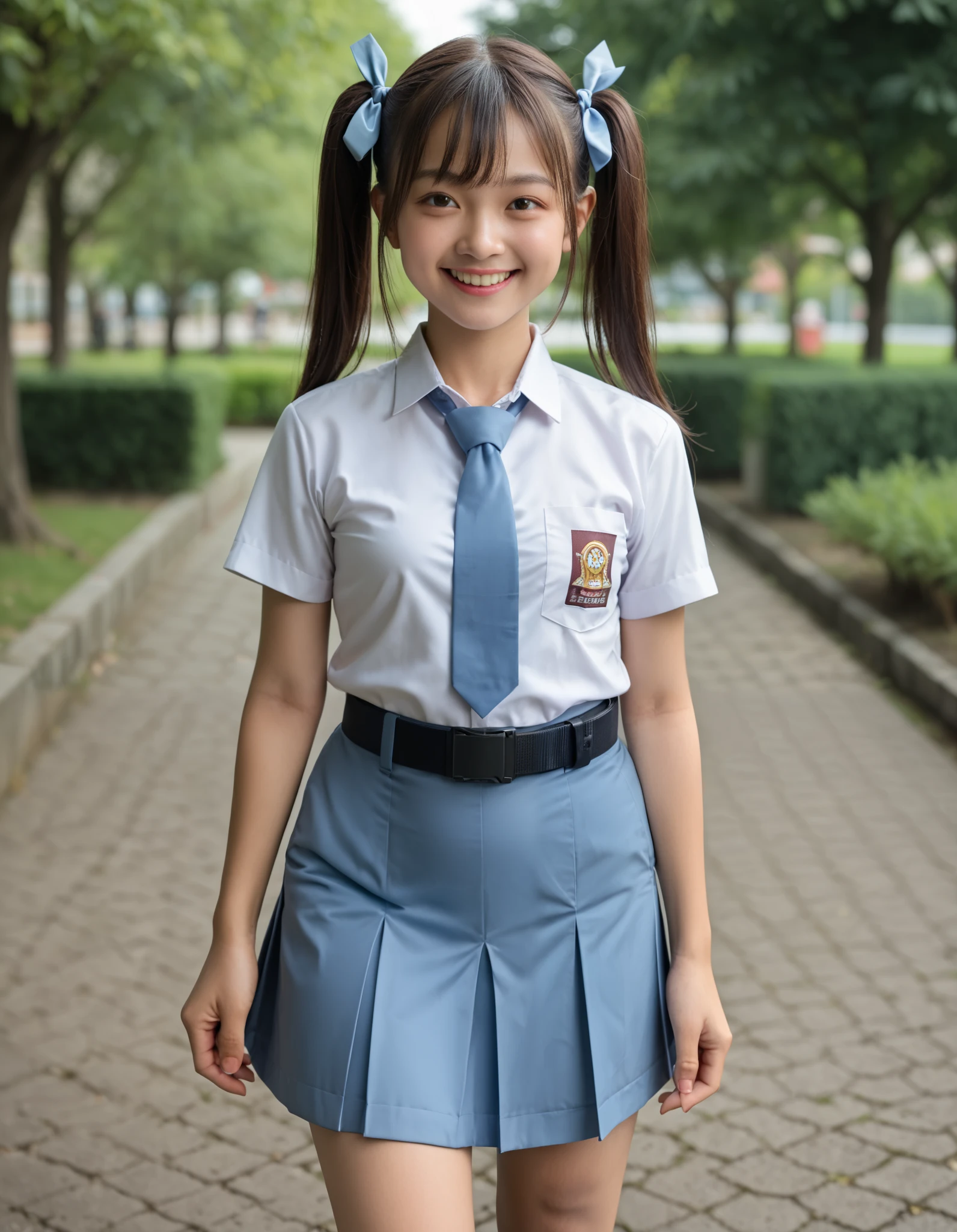 Masterpiece, hd, best quality, 1girl, flat breasts, brown hair, twintails, hair ribbon, yellow eyes, smile, happy, ribbon, Indonesian school uniform, wearing white collared shirt, short sleeves, light blue necktie, belt, light blue pleated skirt, white socks, black loafers, standing, outdoor, park